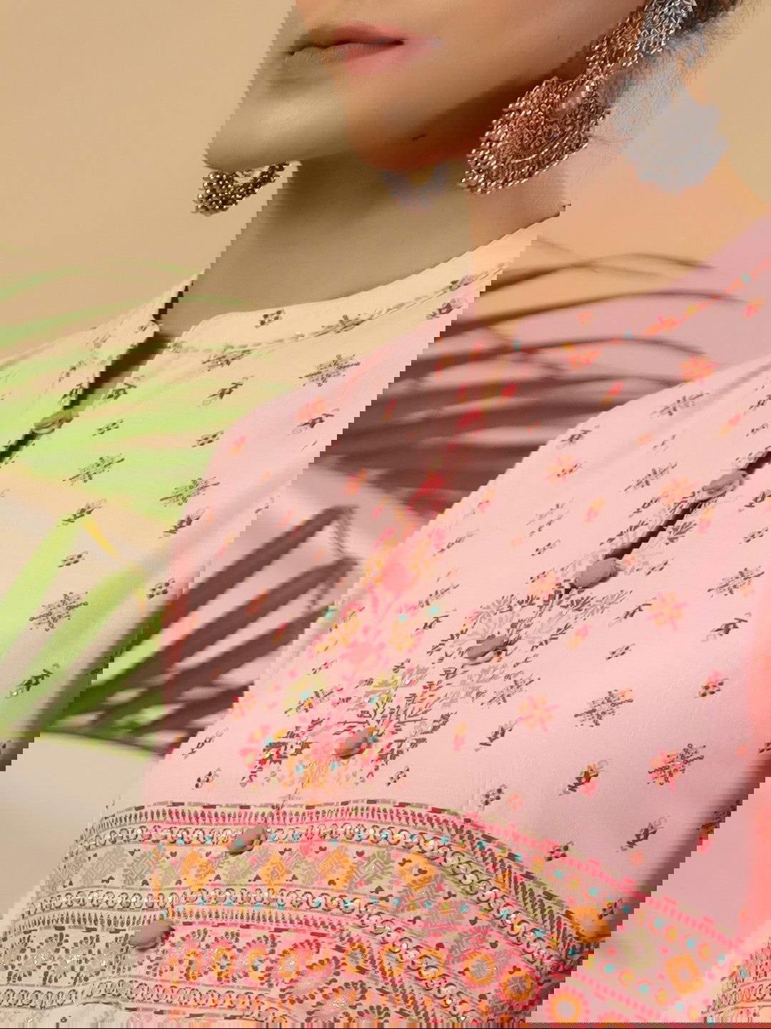 Juniper Peach Cotton Tribal Print Crushed Anarkali Kurta With Pant & Dupatta Set With Kantha Work & Button