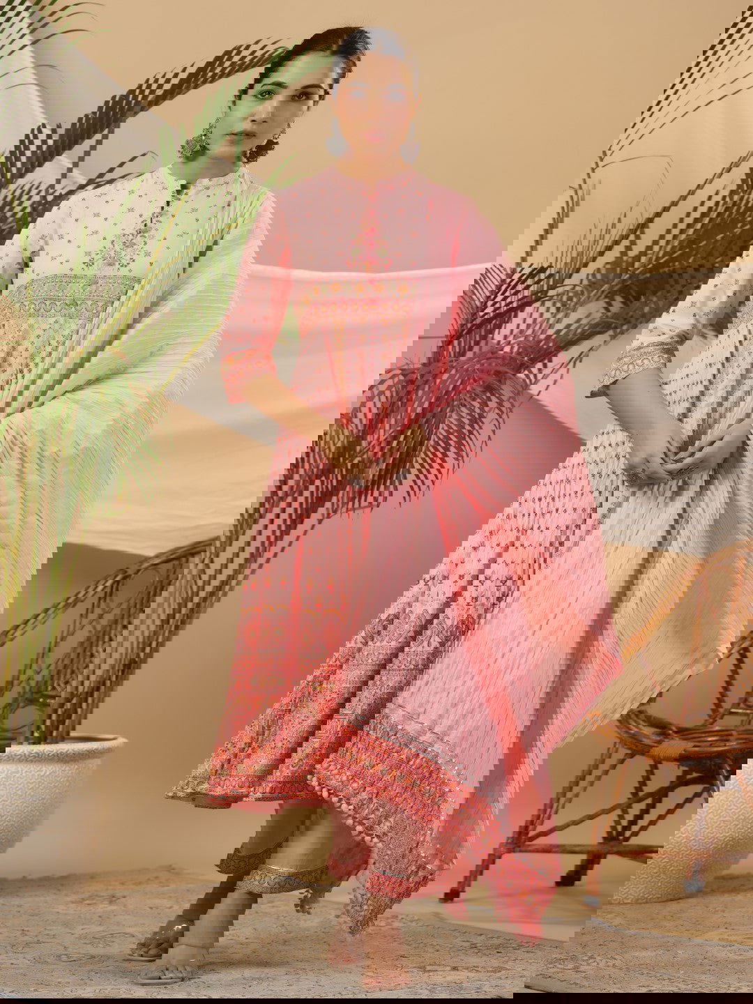 Juniper Peach Cotton Tribal Print Crushed Anarkali Kurta With Pant & Dupatta Set With Kantha Work & Button