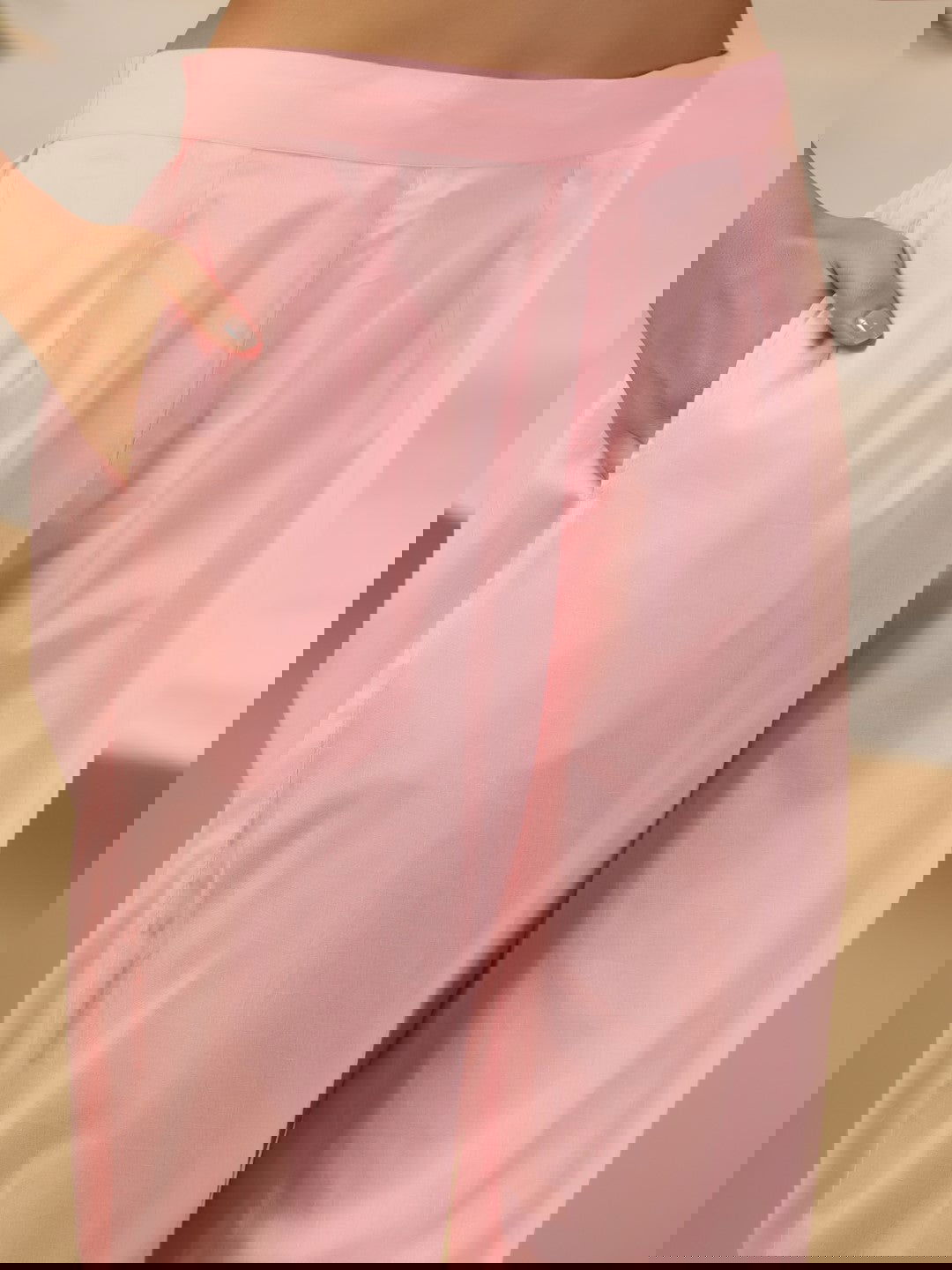 Juniper Peach Cotton Tribal Print Crushed Anarkali Kurta With Pant & Dupatta Set With Kantha Work & Button