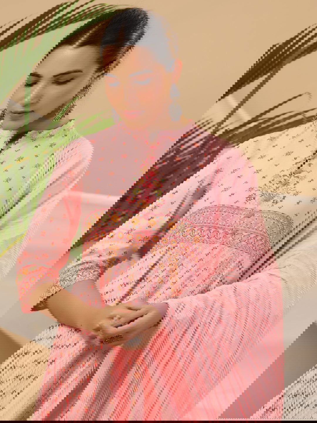 Juniper Peach Cotton Tribal Print Crushed Anarkali Kurta With Pant & Dupatta Set With Kantha Work & Button