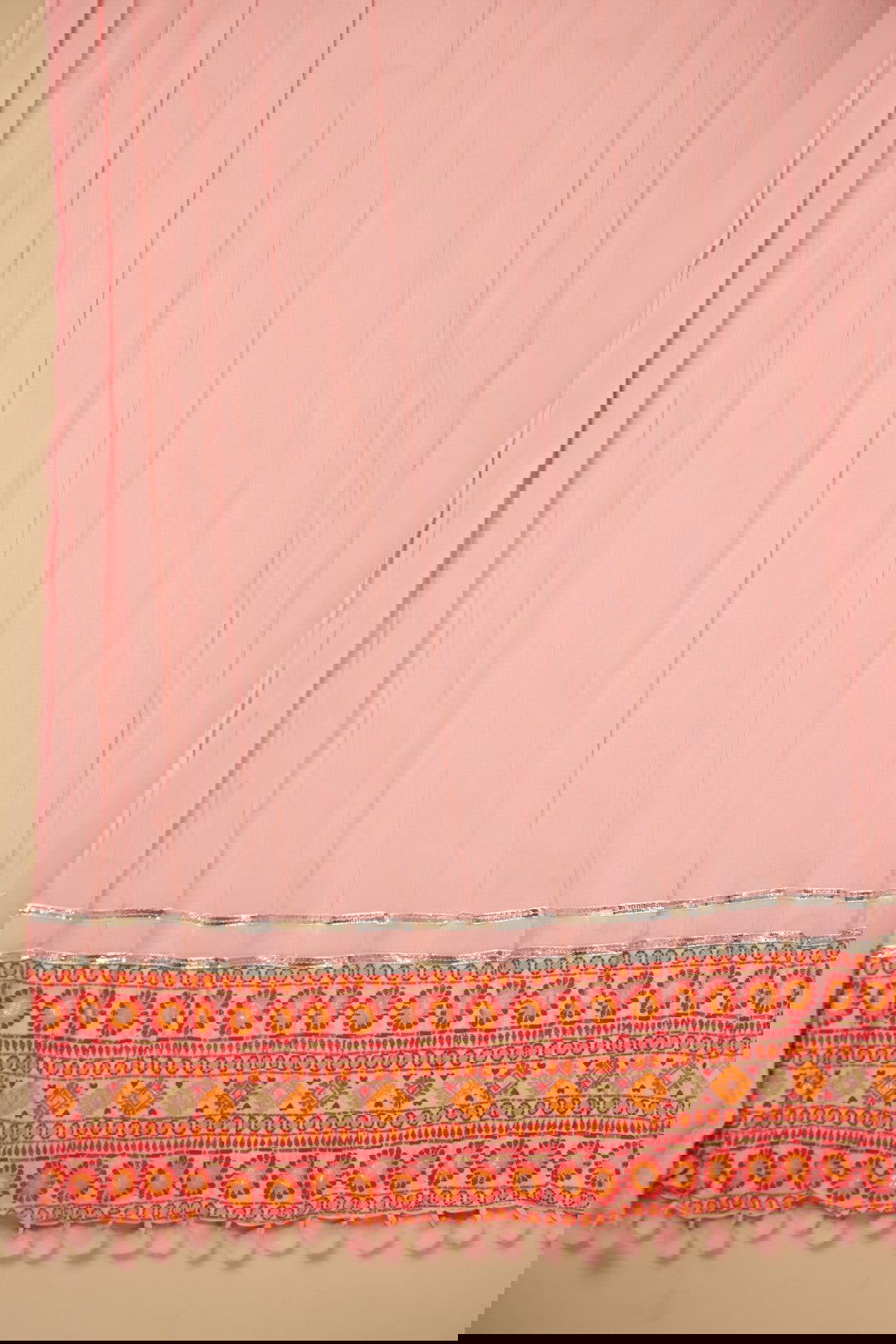 Juniper Peach Cotton Tribal Print Crushed Anarkali Kurta With Pant & Dupatta Set With Kantha Work & Button