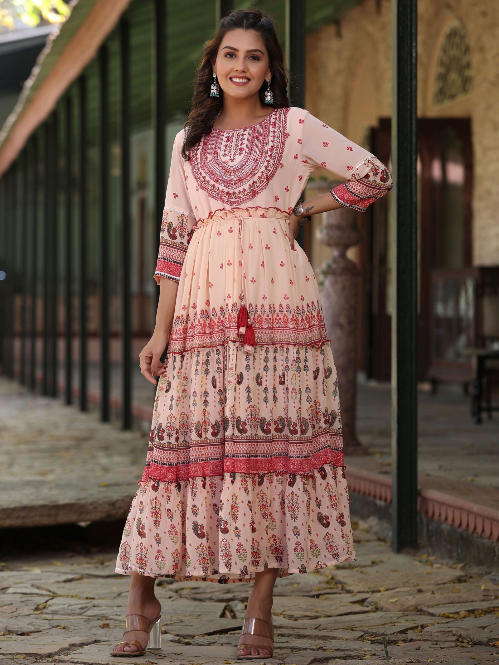 Juniper Peach Ethnic Motif Printed Georgette Tiered Maxi Dress With Thread Embroidery