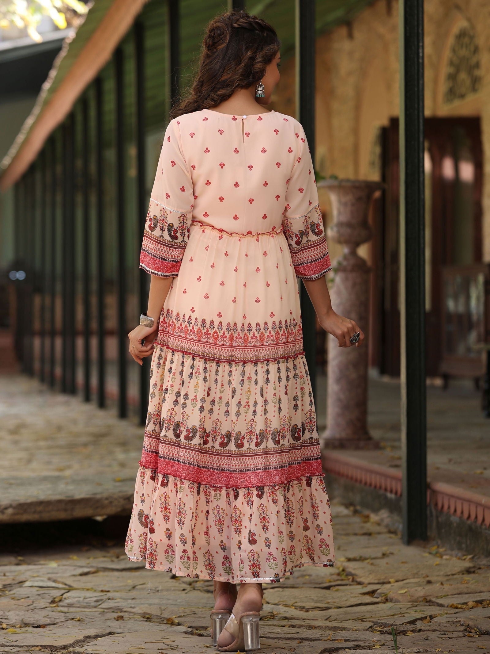 Juniper Peach Ethnic Motif Printed Georgette Tiered Maxi Dress With Thread Embroidery