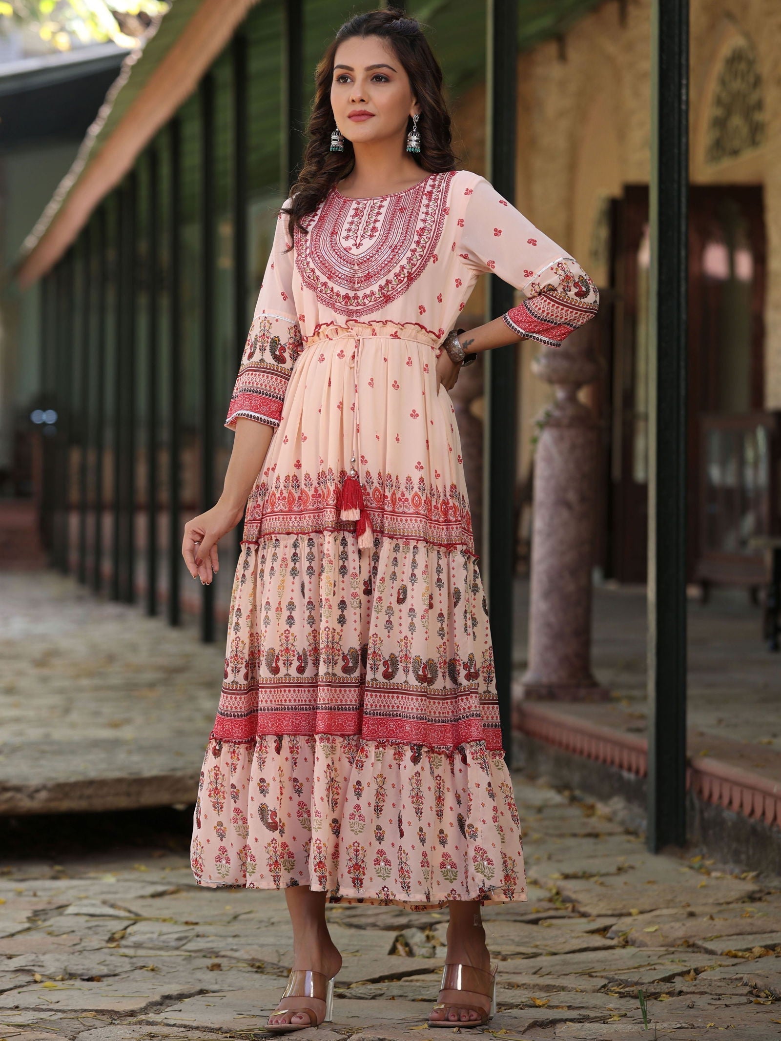 Juniper Peach Ethnic Motif Printed Georgette Tiered Maxi Dress With Thread Embroidery