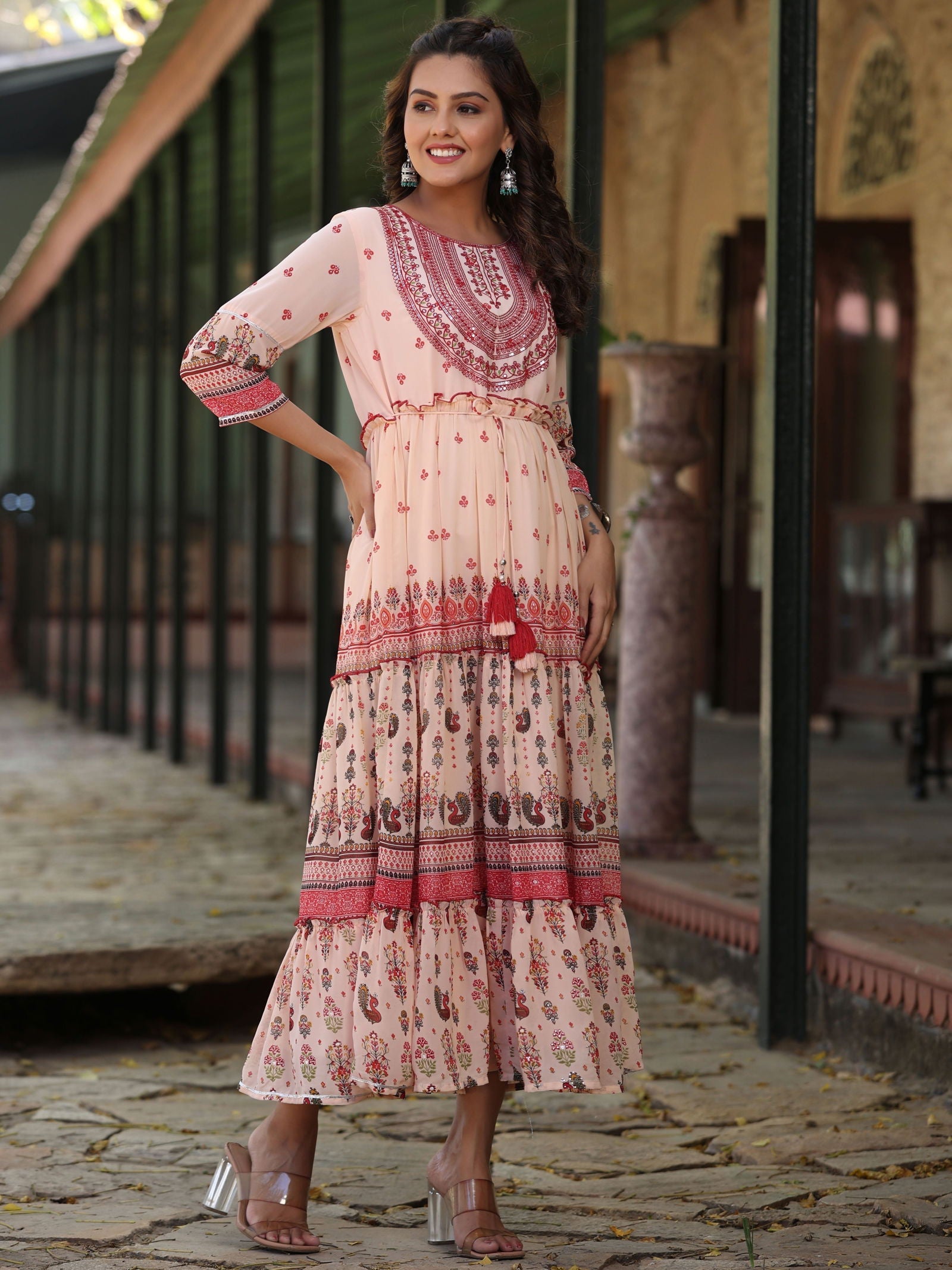 Juniper Peach Ethnic Motif Printed Georgette Tiered Maxi Dress With Thread Embroidery