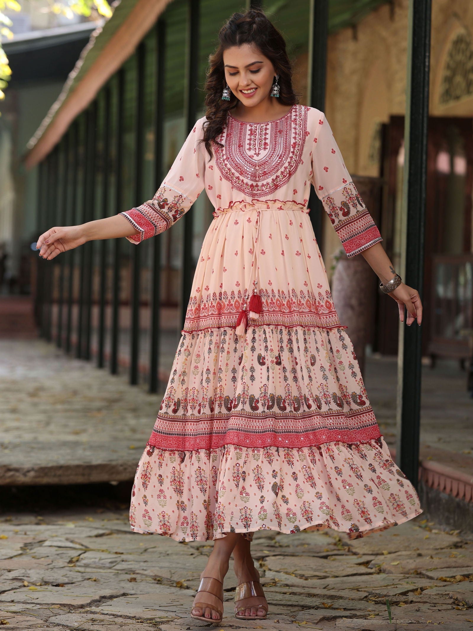 Juniper Peach Ethnic Motif Printed Georgette Tiered Maxi Dress With Thread Embroidery