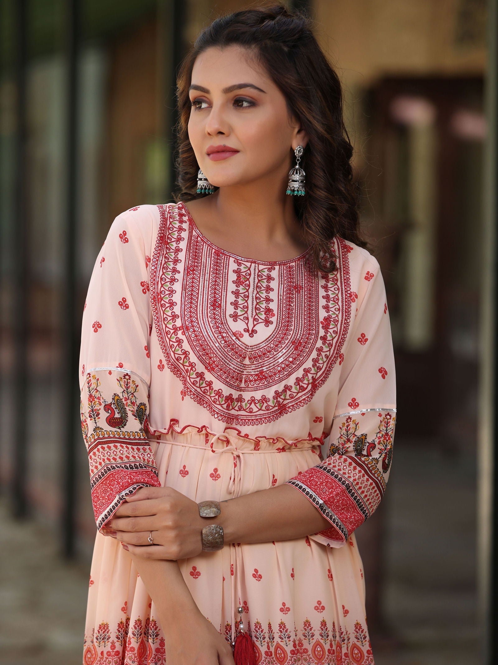 Juniper Peach Ethnic Motif Printed Georgette Tiered Maxi Dress With Thread Embroidery