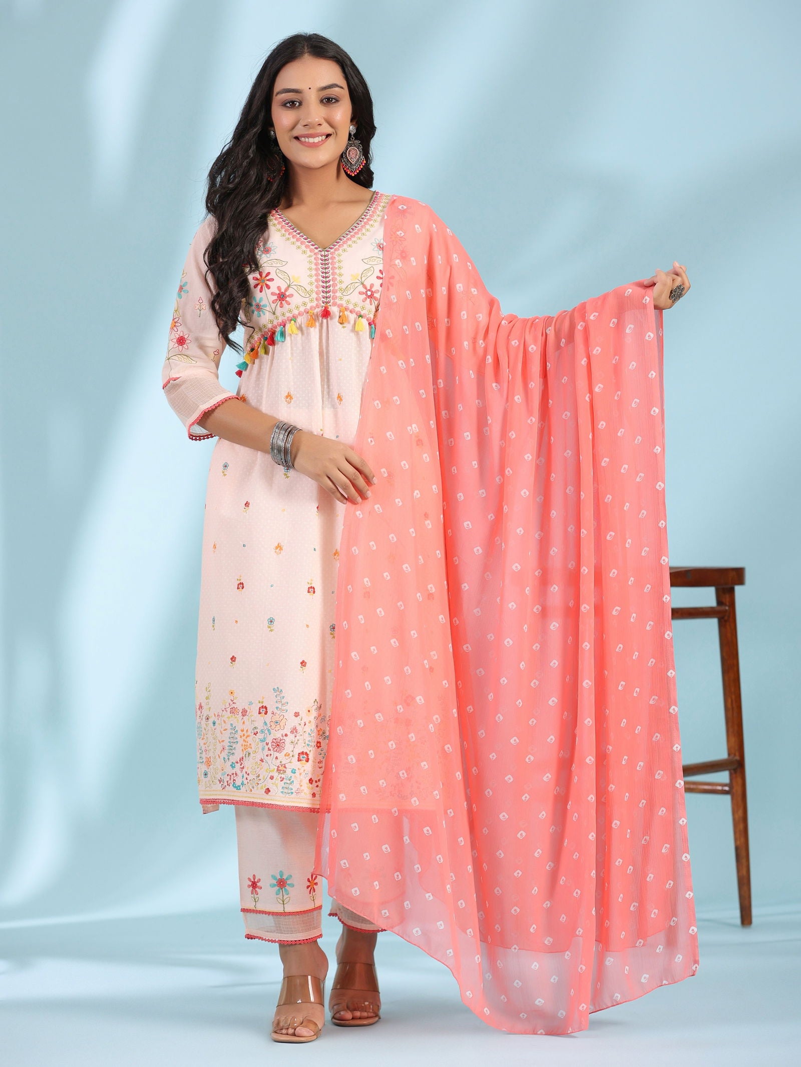 Juniper Peach Floral Printed Pure Cotton Alia Cut Kurta Pant & Dupatta Set With Thread Work