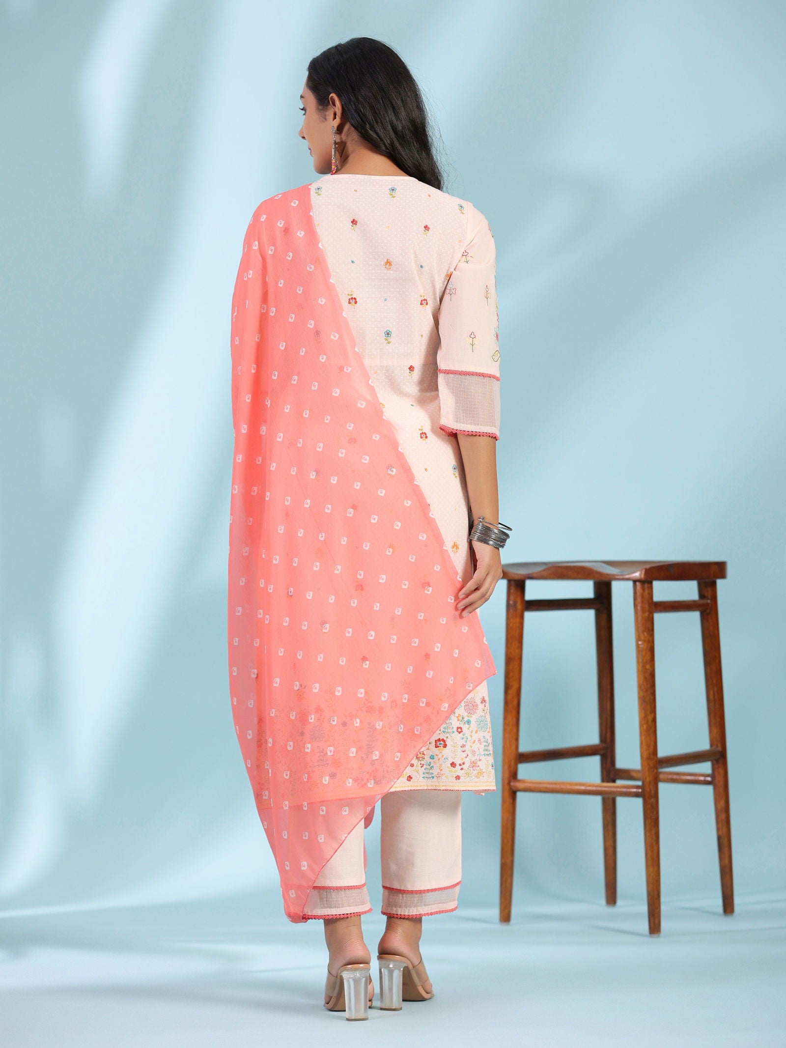 Juniper Peach Floral Printed Pure Cotton Alia Cut Kurta Pant & Dupatta Set With Thread Work