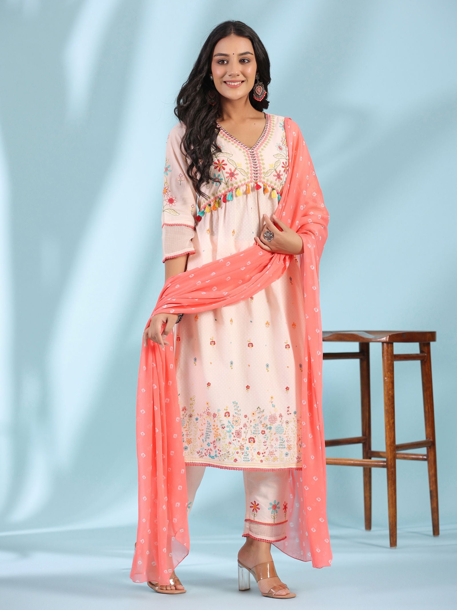 Juniper Peach Floral Printed Pure Cotton Alia Cut Kurta Pant & Dupatta Set With Thread Work