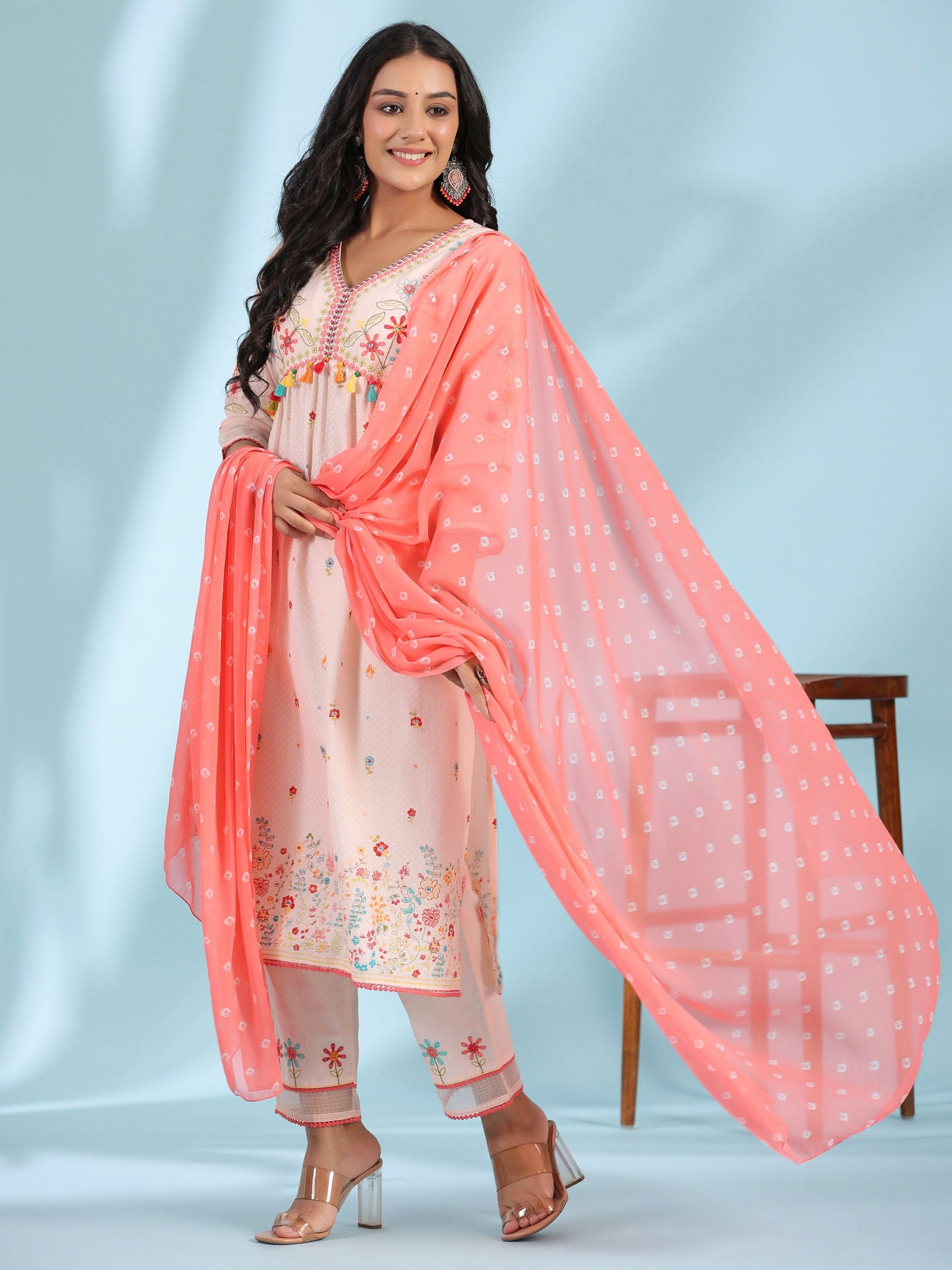 Juniper Peach Floral Printed Pure Cotton Alia Cut Kurta Pant & Dupatta Set With Thread Work