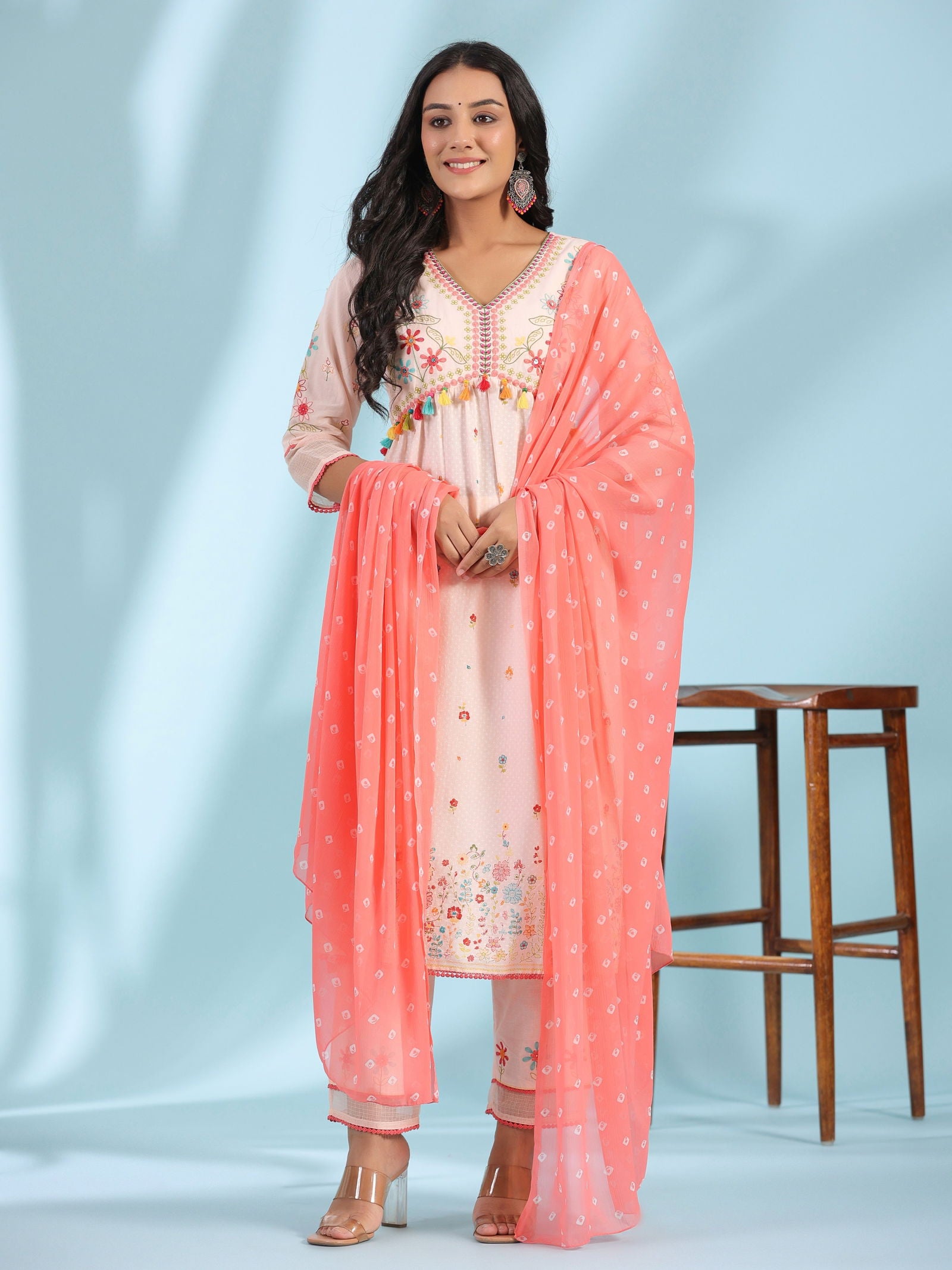 Juniper Peach Floral Printed Pure Cotton Alia Cut Kurta Pant & Dupatta Set With Thread Work