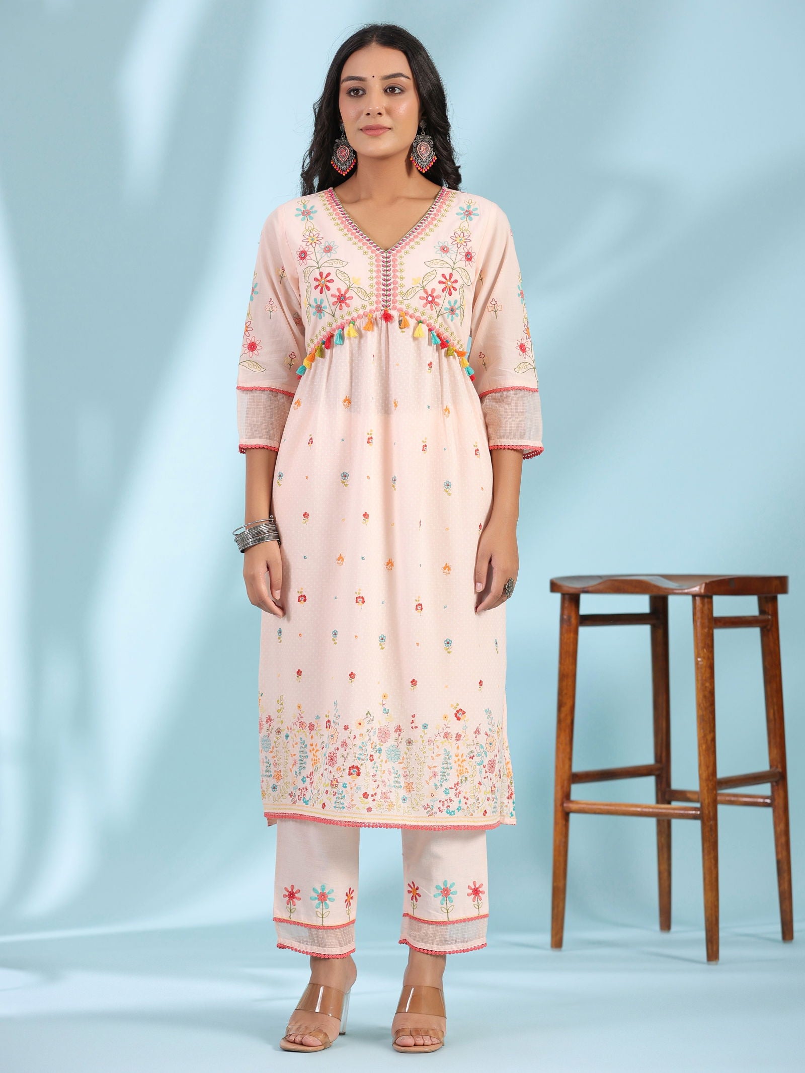 Juniper Peach Floral Printed Pure Cotton Alia Cut Kurta Pant & Dupatta Set With Thread Work