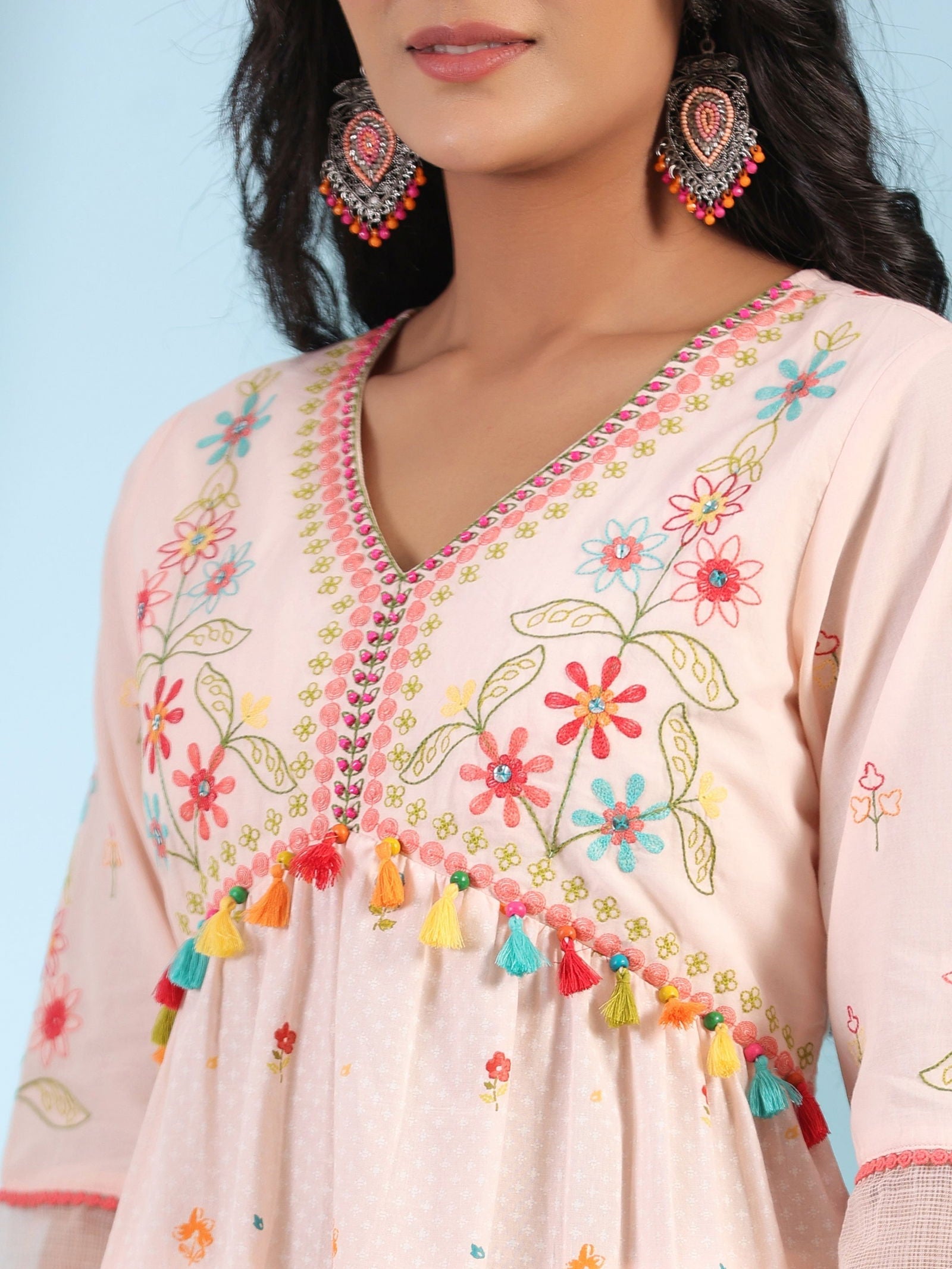 Juniper Peach Floral Printed Pure Cotton Alia Cut Kurta Pant & Dupatta Set With Thread Work