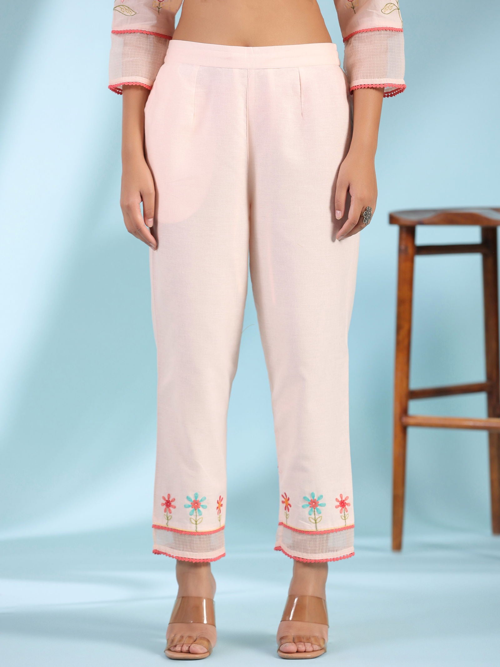 Juniper Peach Floral Printed Pure Cotton Alia Cut Kurta Pant & Dupatta Set With Thread Work