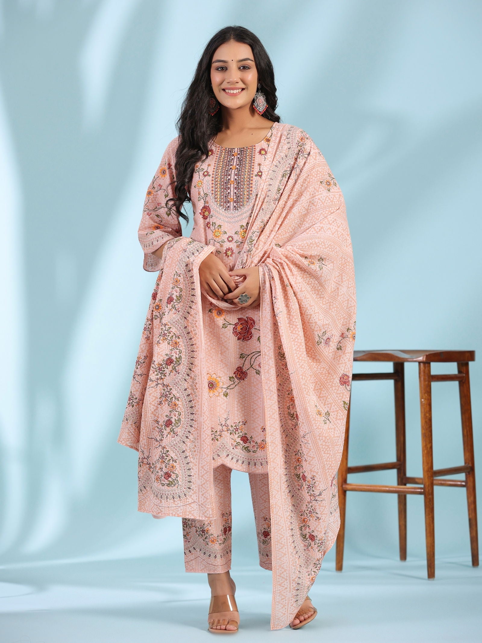 Juniper Pink Ethnic Motif Printed Pure Cotton Kurta Palazzo & Dupatta Set with Beads & Sequins