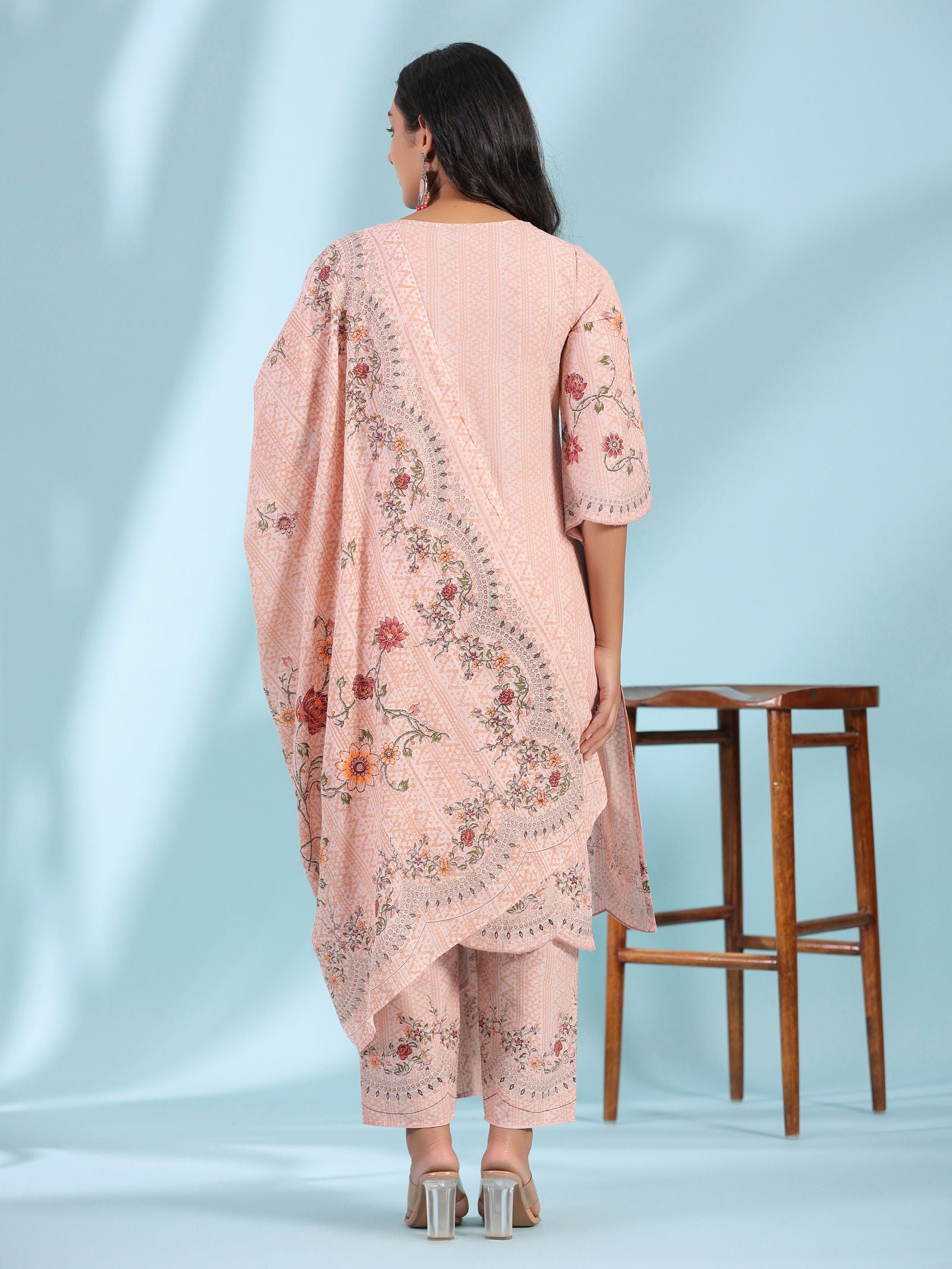 Juniper Pink Ethnic Motif Printed Pure Cotton Kurta Palazzo & Dupatta Set with Beads & Sequins