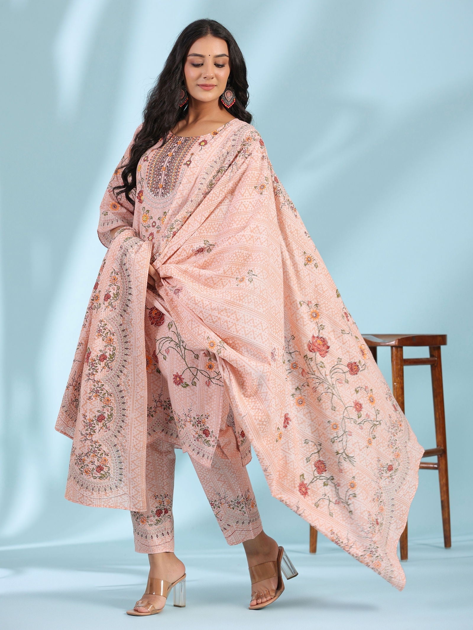 Juniper Pink Ethnic Motif Printed Pure Cotton Kurta Palazzo & Dupatta Set with Beads & Sequins
