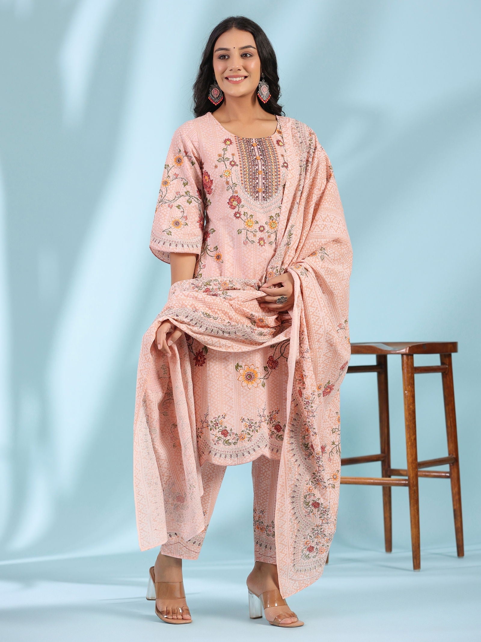 Juniper Pink Ethnic Motif Printed Pure Cotton Kurta Palazzo & Dupatta Set with Beads & Sequins