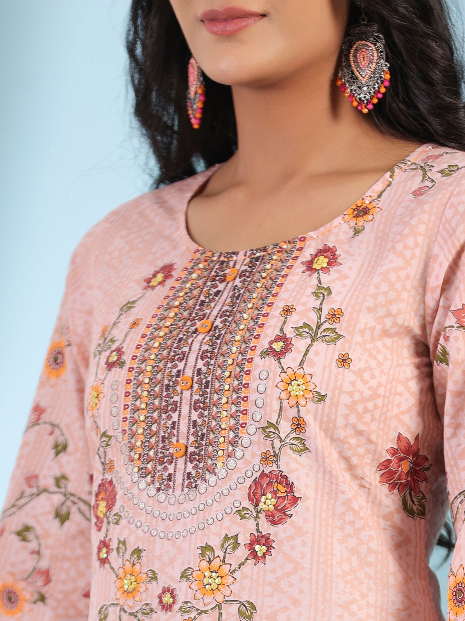 Juniper Pink Ethnic Motif Printed Pure Cotton Kurta Palazzo & Dupatta Set with Beads & Sequins