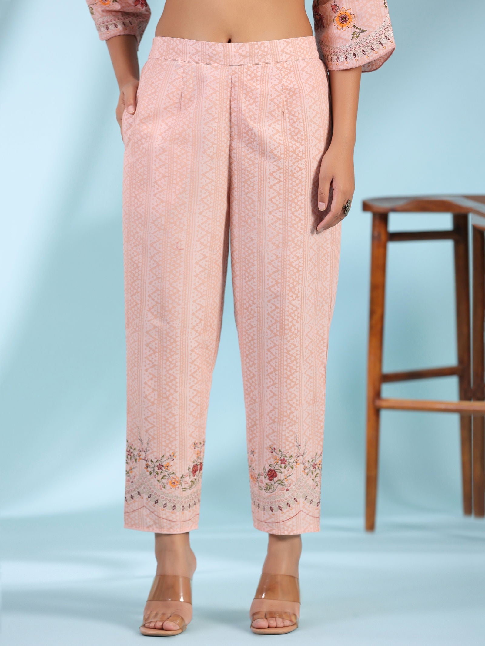 Juniper Pink Ethnic Motif Printed Pure Cotton Kurta Palazzo & Dupatta Set with Beads & Sequins