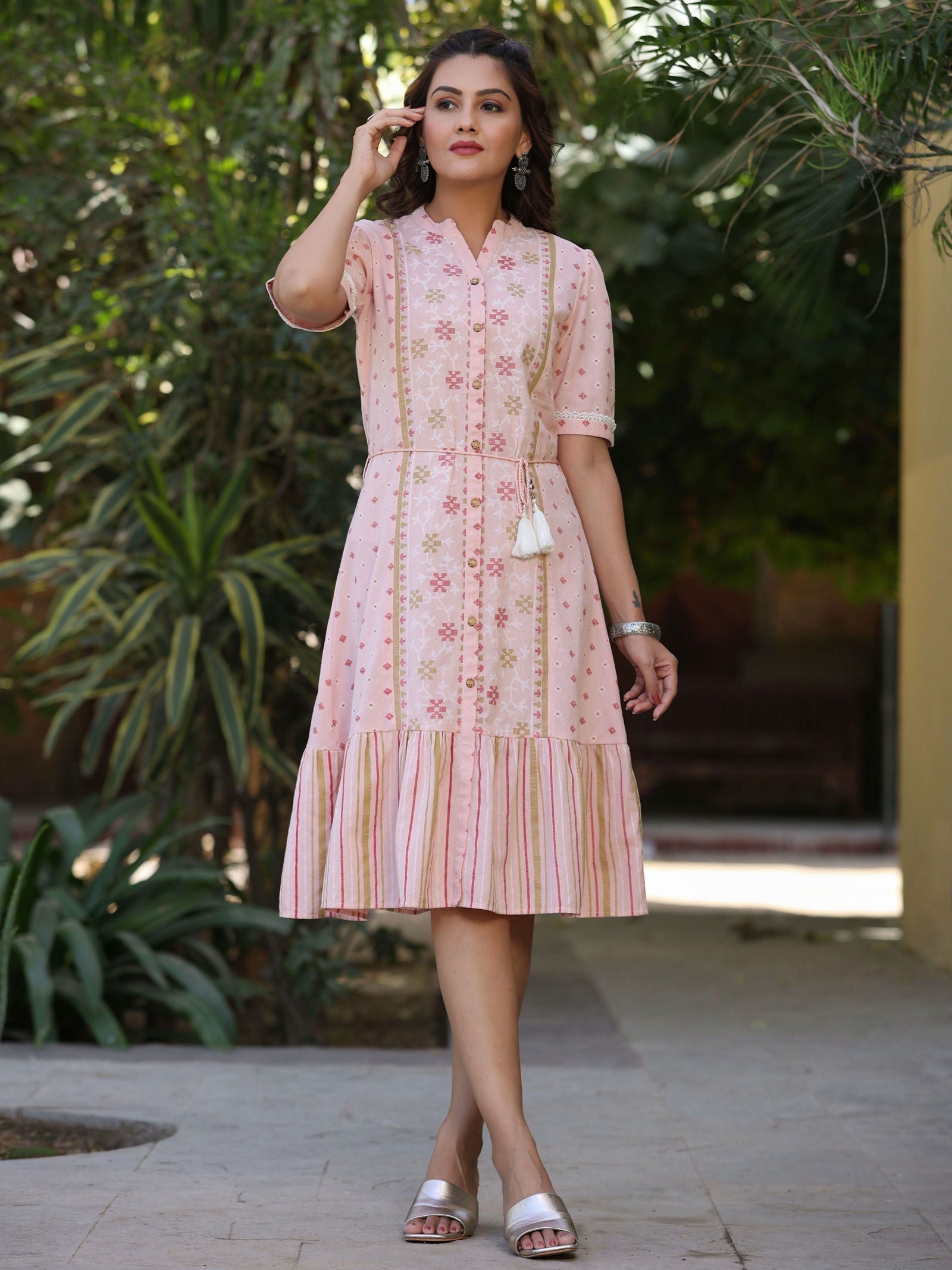 Juniper Pink Geometric Printed Cotton Flex Dress With Lace Work