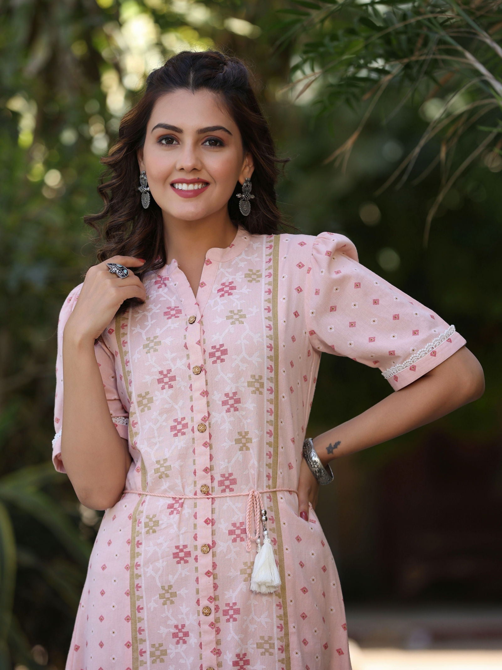 Juniper Pink Geometric Printed Cotton Flex Dress With Lace Work