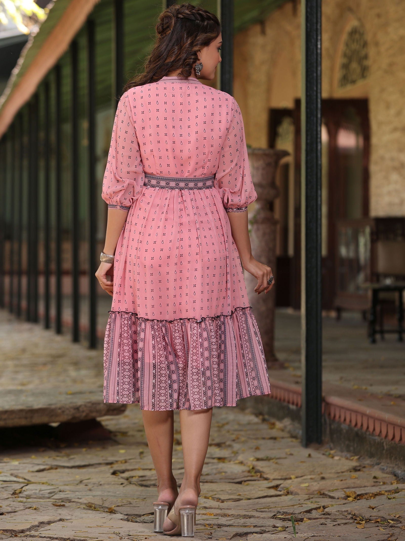 Juniper Pink Geometric Printed Georgette Tiered Dress With Mirror Work Embroidery