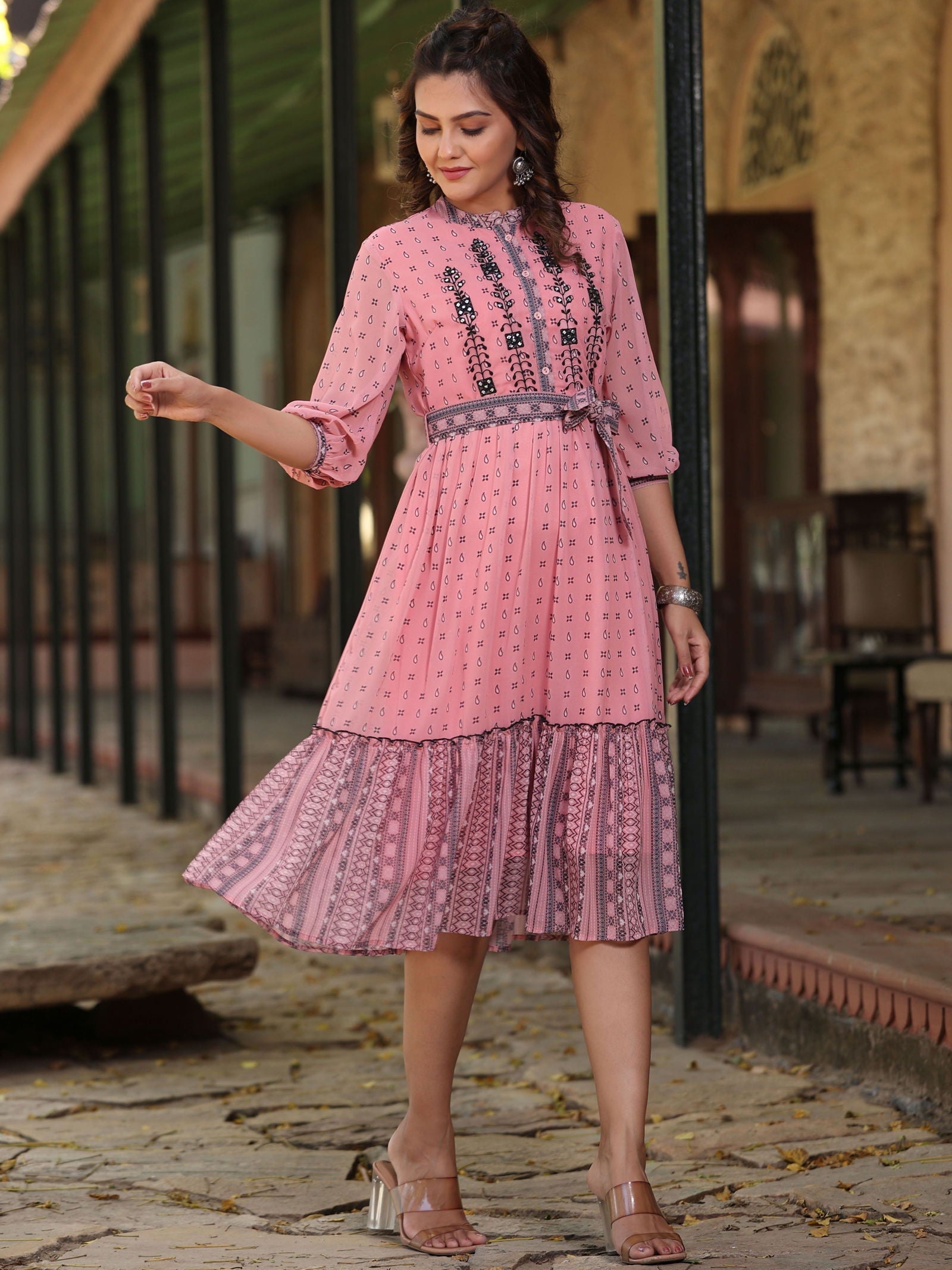 Juniper Pink Geometric Printed Georgette Tiered Dress With Mirror Work Embroidery
