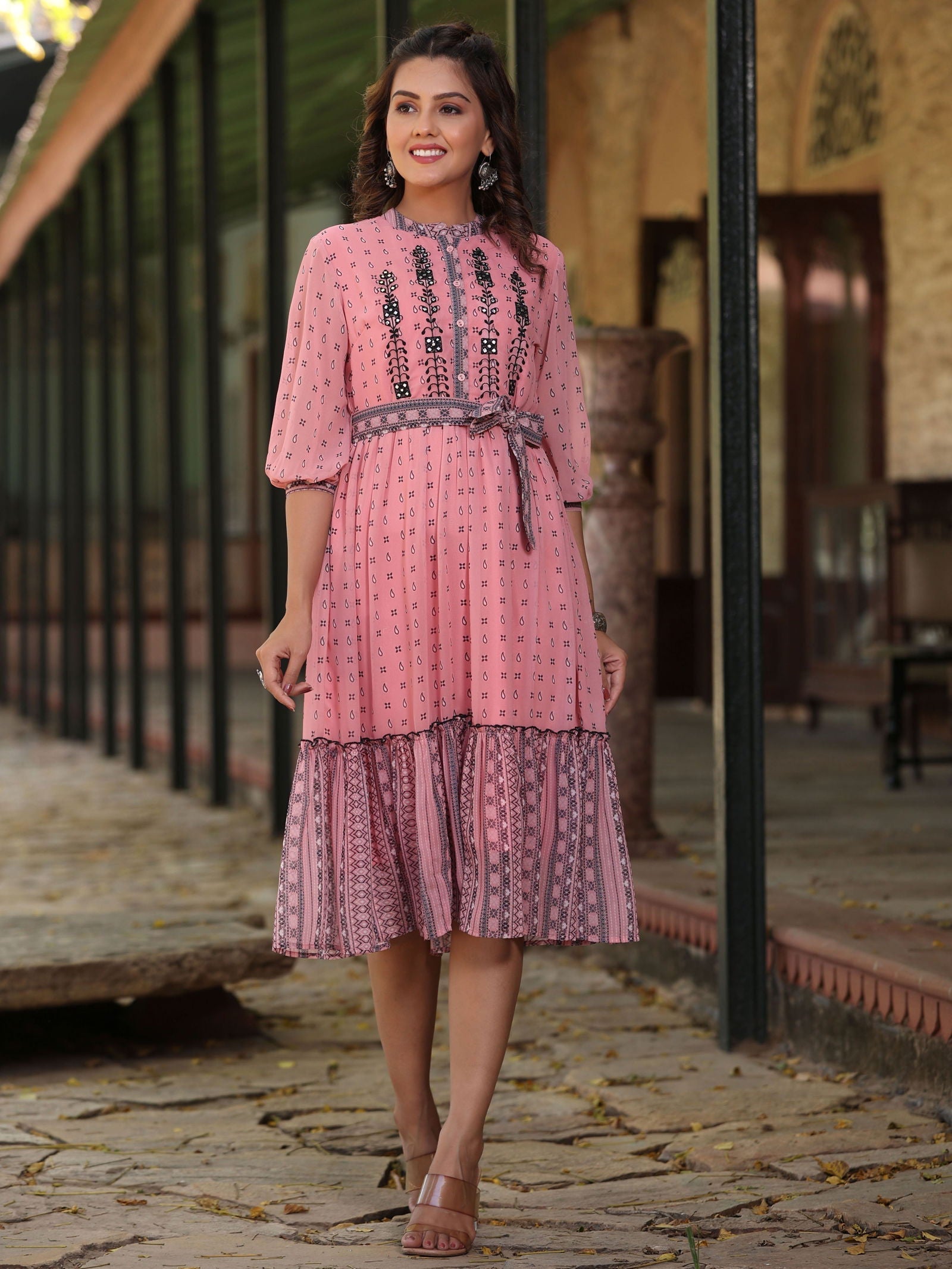 Juniper Pink Geometric Printed Georgette Tiered Dress With Mirror Work Embroidery