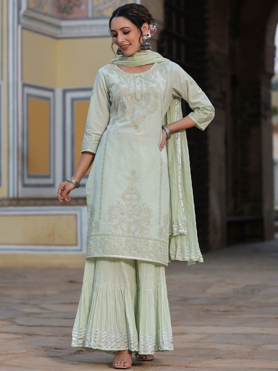 Juniper Pista Green Pure Cotton Printed Kurta, Sharara & Dupatta Set With Beads & Sequins