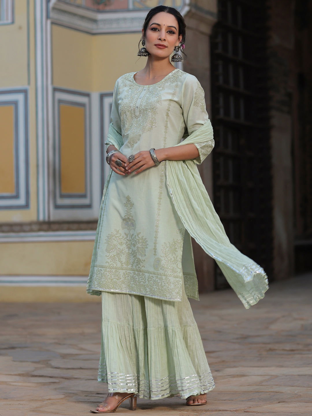 Juniper Pista Green Pure Cotton Printed Kurta, Sharara & Dupatta Set With Beads & Sequins