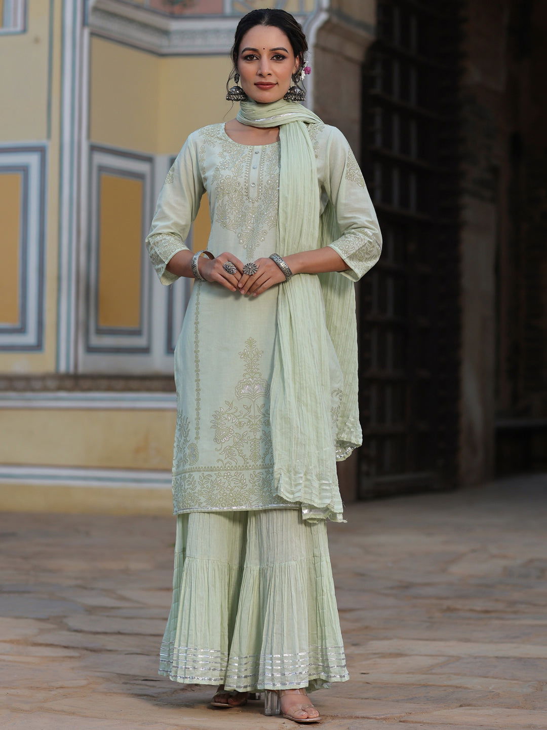 Juniper Pista Green Pure Cotton Printed Kurta, Sharara & Dupatta Set With Beads & Sequins