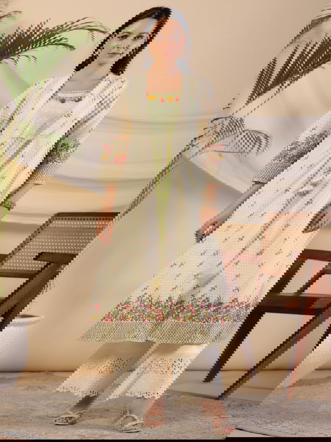 Juniper Pure Cotton Lime Green Floral Lacy Kurta & Jacket With Kantha Work & Contrast Tassel Coin