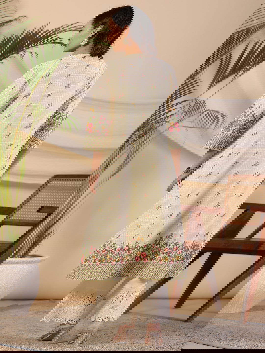 Juniper Pure Cotton Lime Green Floral Lacy Kurta & Jacket With Kantha Work & Contrast Tassel Coin