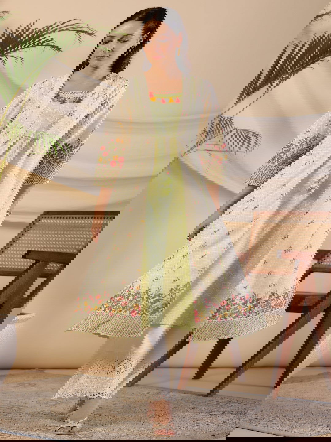 Juniper Pure Cotton Lime Green Floral Lacy Kurta & Jacket With Kantha Work & Contrast Tassel Coin