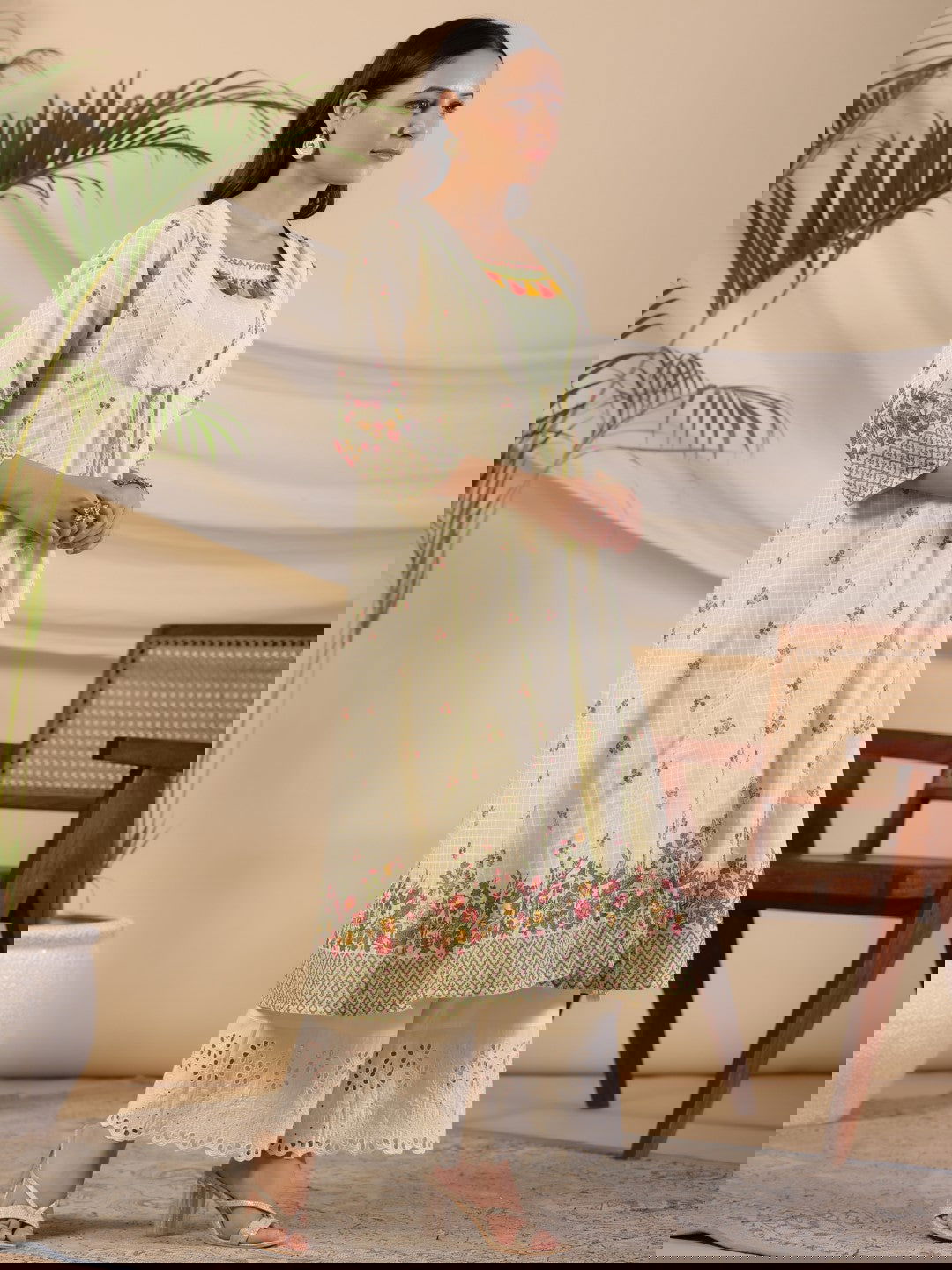 Juniper Pure Cotton Lime Green Floral Lacy Kurta & Jacket With Kantha Work & Contrast Tassel Coin