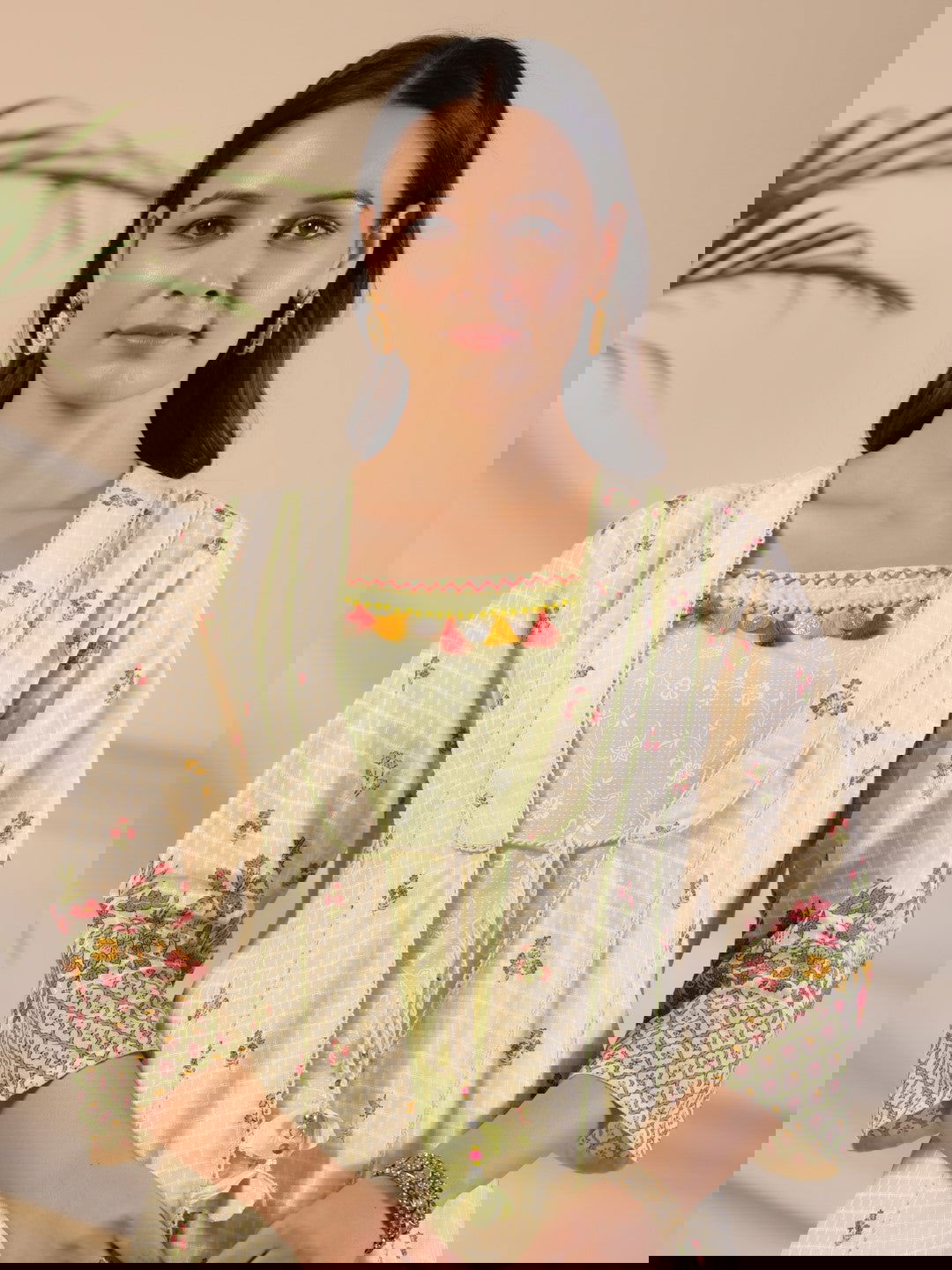 Juniper Pure Cotton Lime Green Floral Lacy Kurta & Jacket With Kantha Work & Contrast Tassel Coin