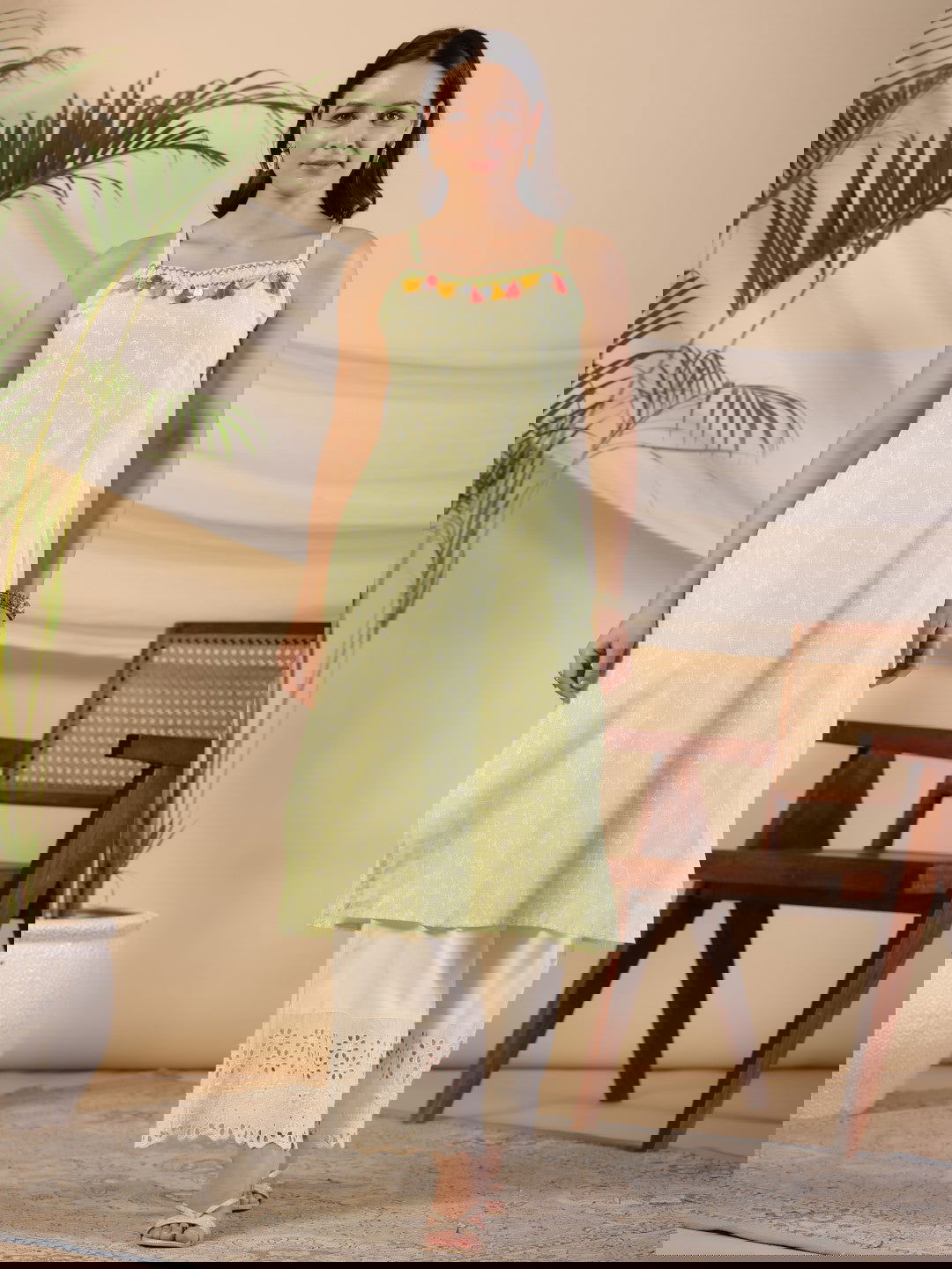 Juniper Pure Cotton Lime Green Floral Lacy Kurta & Jacket With Kantha Work & Contrast Tassel Coin