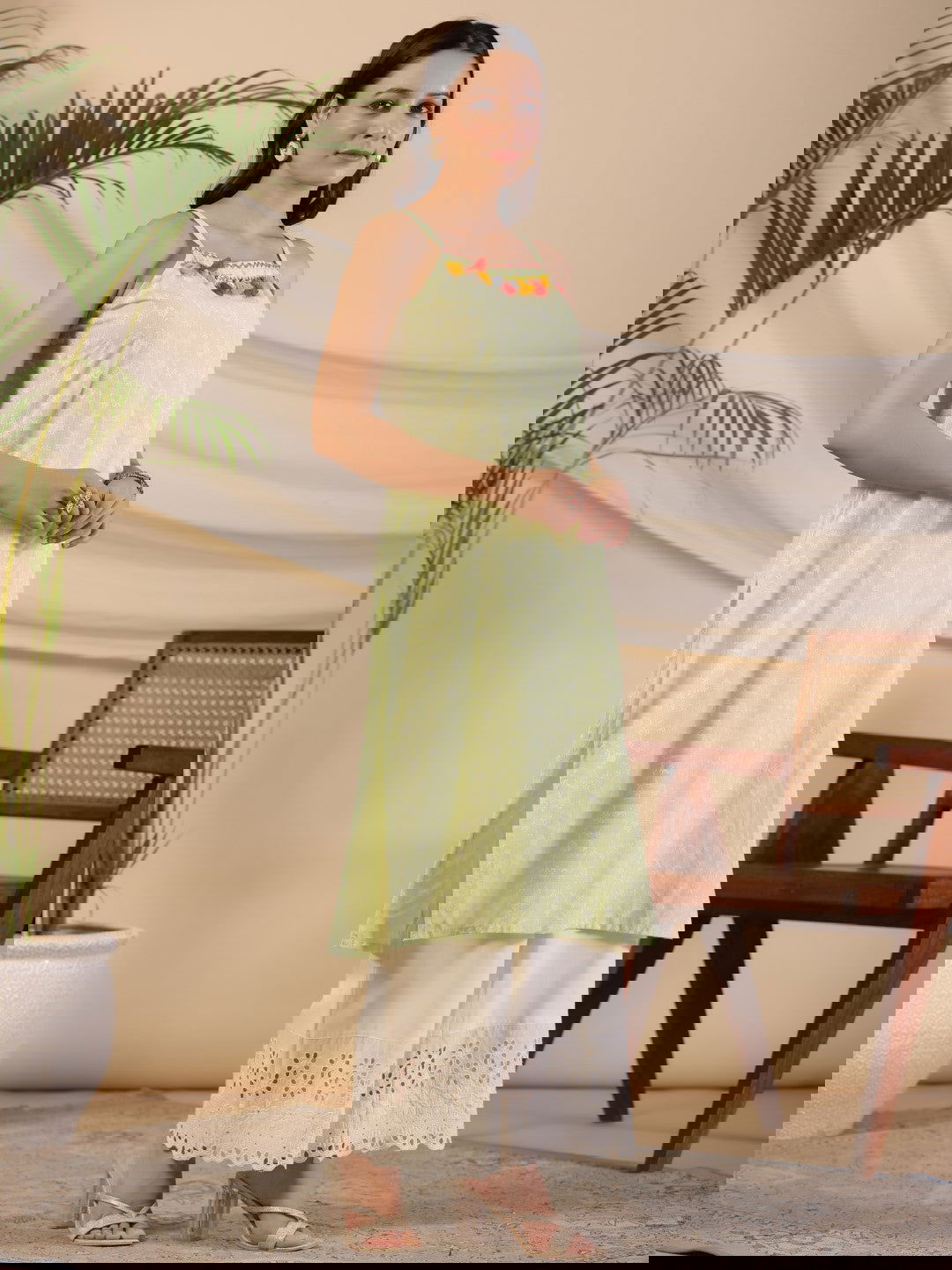 Juniper Pure Cotton Lime Green Floral Lacy Kurta & Jacket With Kantha Work & Contrast Tassel Coin