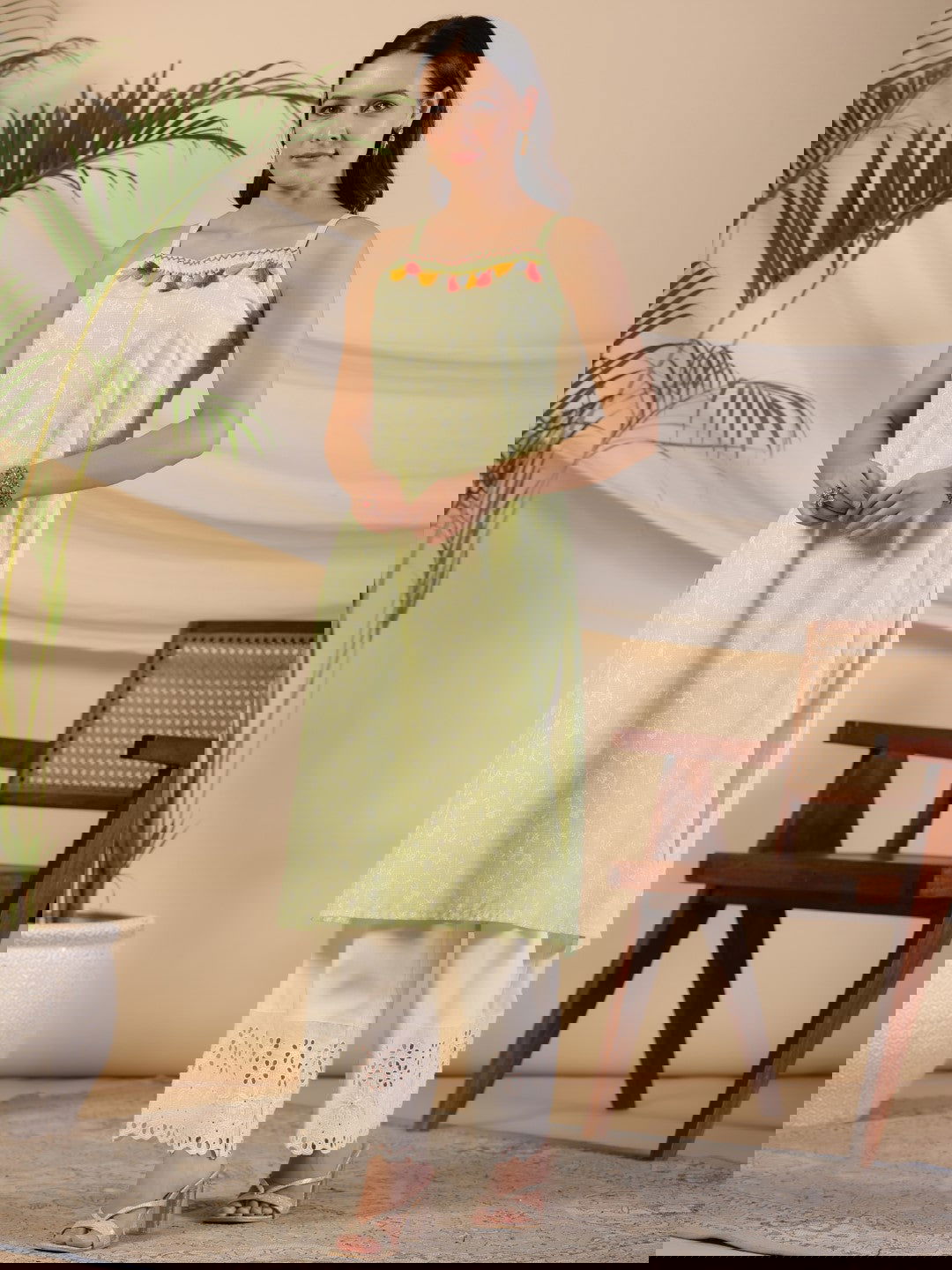 Juniper Pure Cotton Lime Green Floral Lacy Kurta & Jacket With Kantha Work & Contrast Tassel Coin