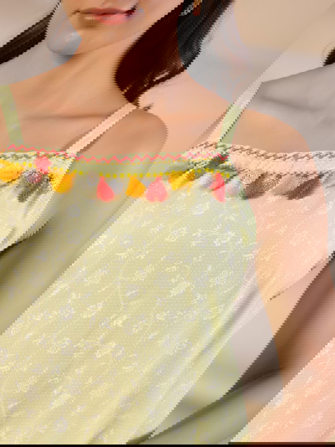 Juniper Pure Cotton Lime Green Floral Lacy Kurta & Jacket With Kantha Work & Contrast Tassel Coin