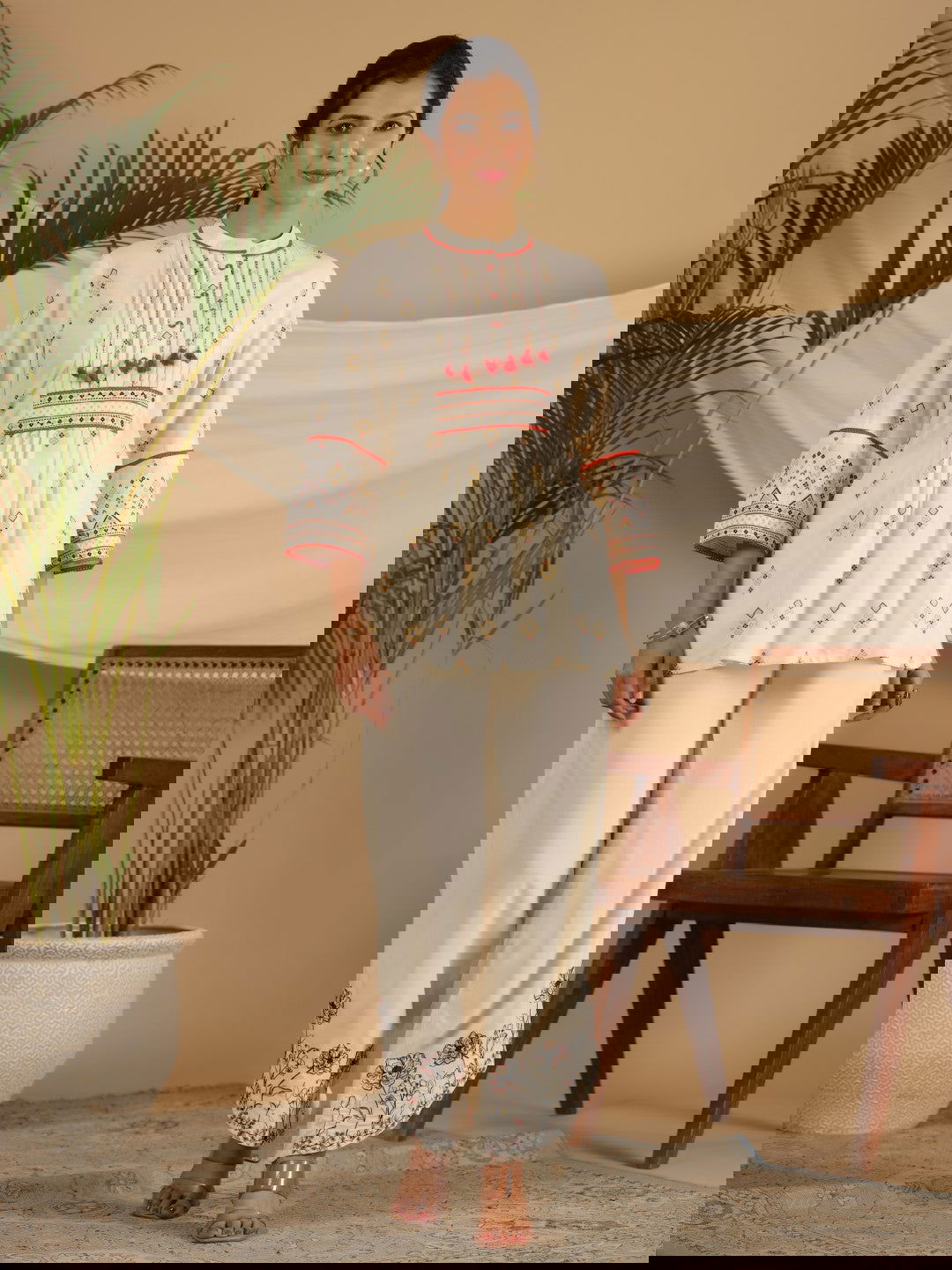 Juniper Rayon Ivory Tribal Printed A-Line Pleated Co-Ord Set With Sequenced Thread Work