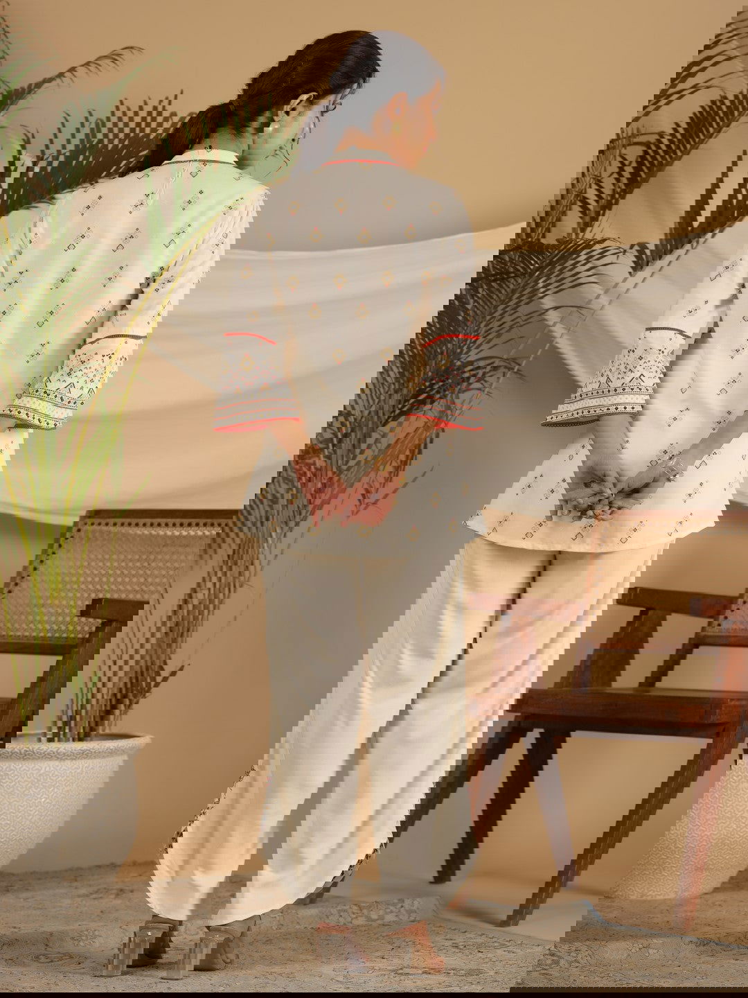 Juniper Rayon Ivory Tribal Printed A-Line Pleated Co-Ord Set With Sequenced Thread Work