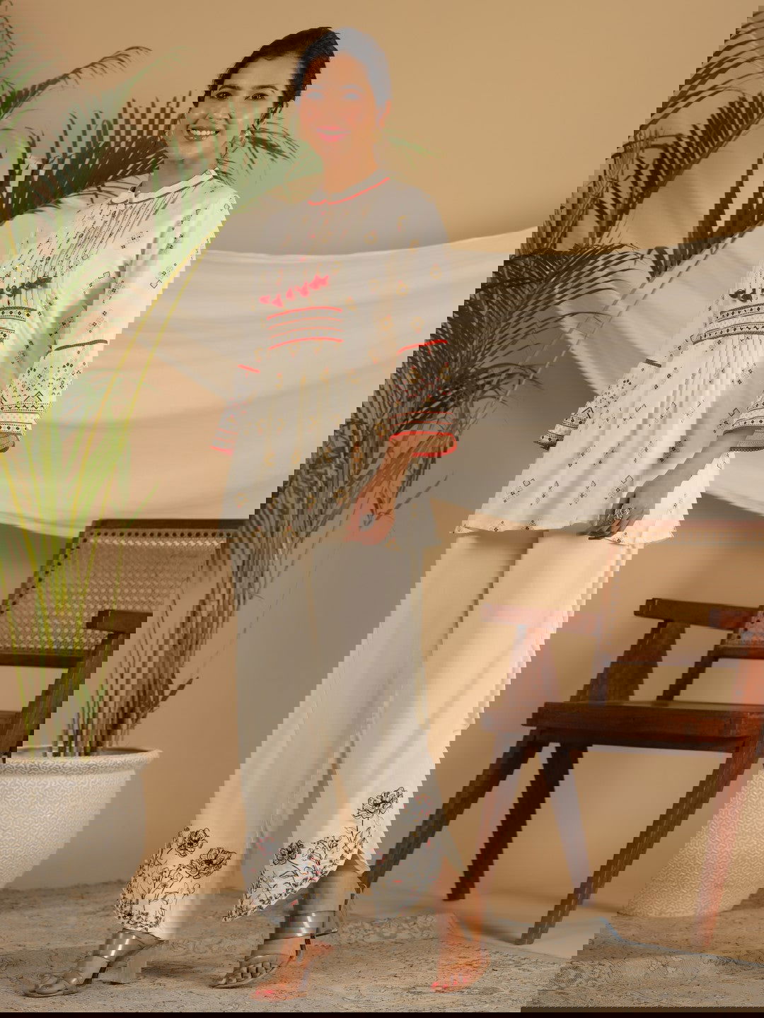 Juniper Rayon Ivory Tribal Printed A-Line Pleated Co-Ord Set With Sequenced Thread Work