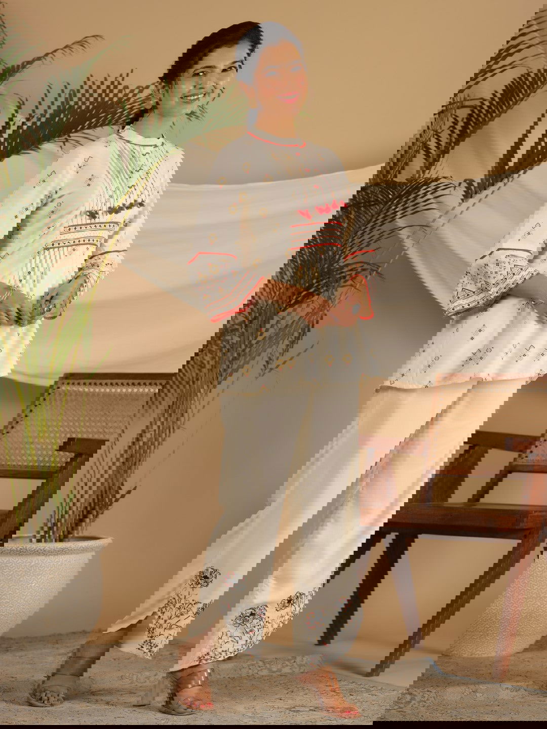 Juniper Rayon Ivory Tribal Printed A-Line Pleated Co-Ord Set With Sequenced Thread Work