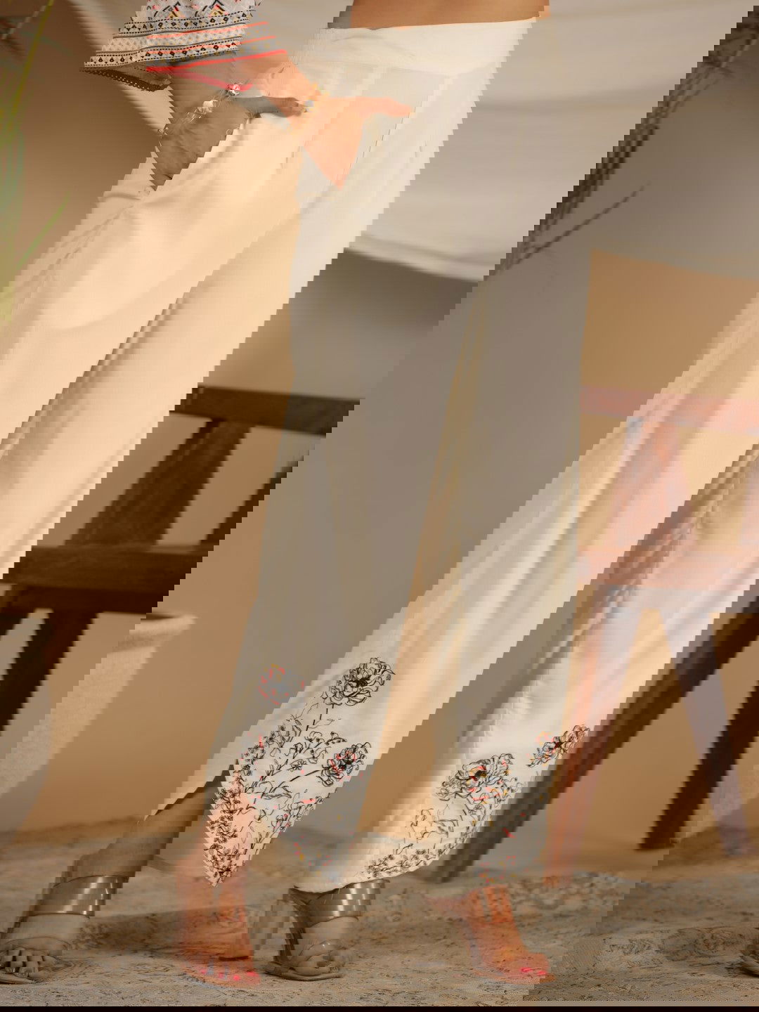 Juniper Rayon Ivory Tribal Printed A-Line Pleated Co-Ord Set With Sequenced Thread Work