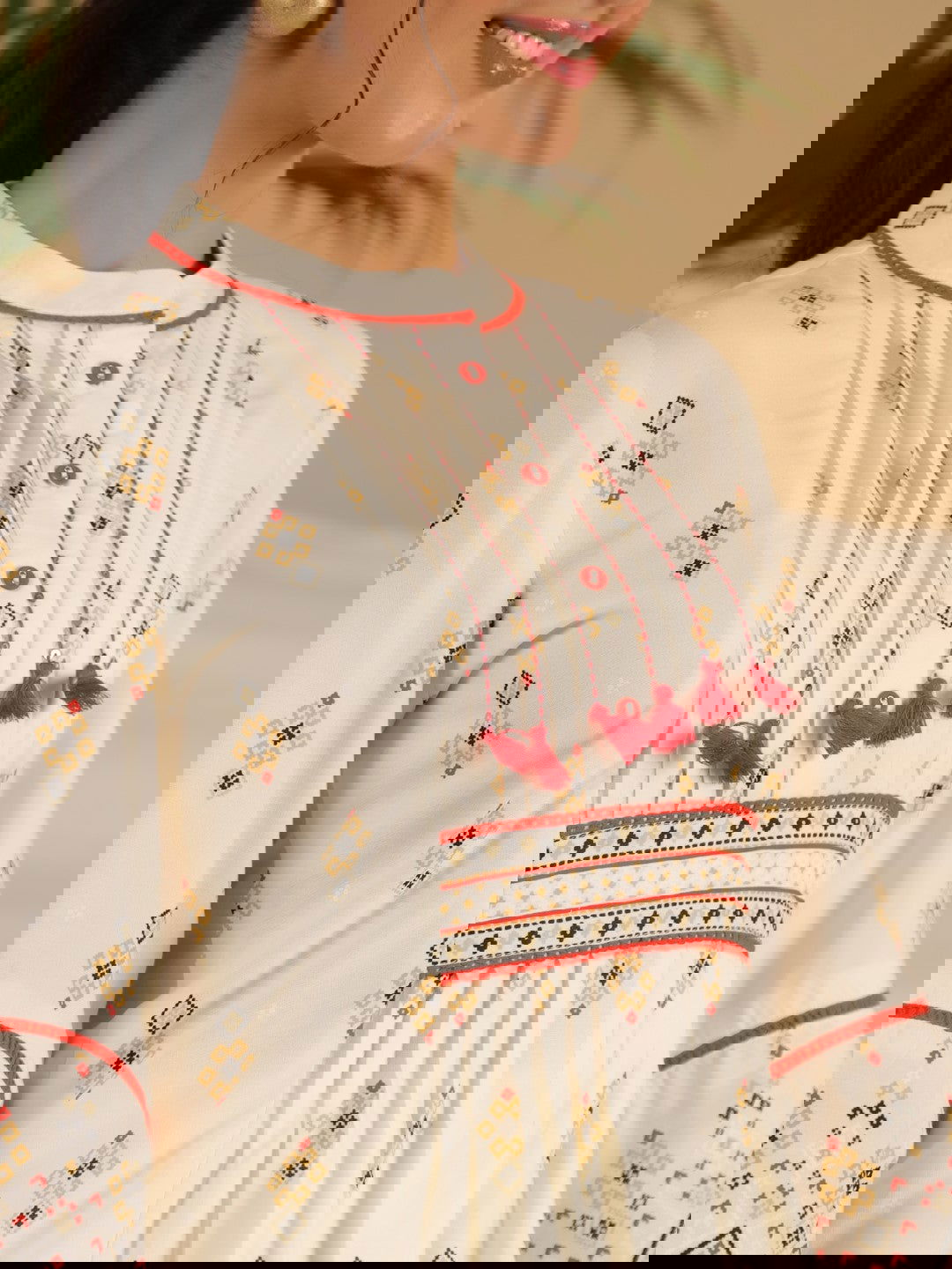 Juniper Rayon Ivory Tribal Printed A-Line Pleated Co-Ord Set With Sequenced Thread Work