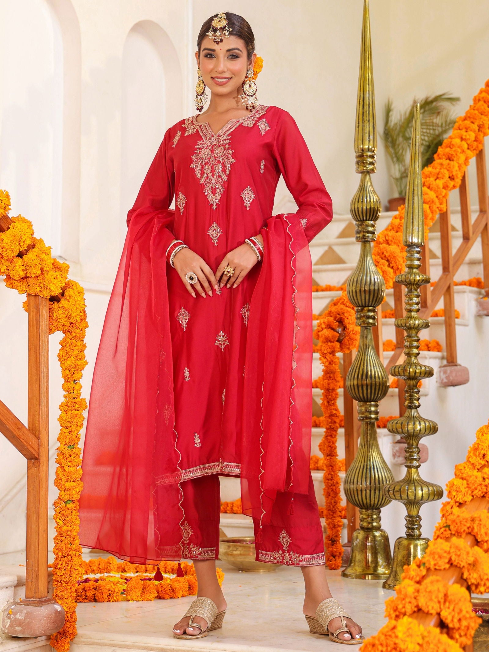 Juniper Red Ethnic Motif Printed Chanderi Embroidered Kurta, Pants & Dupatta Set With Dori Work