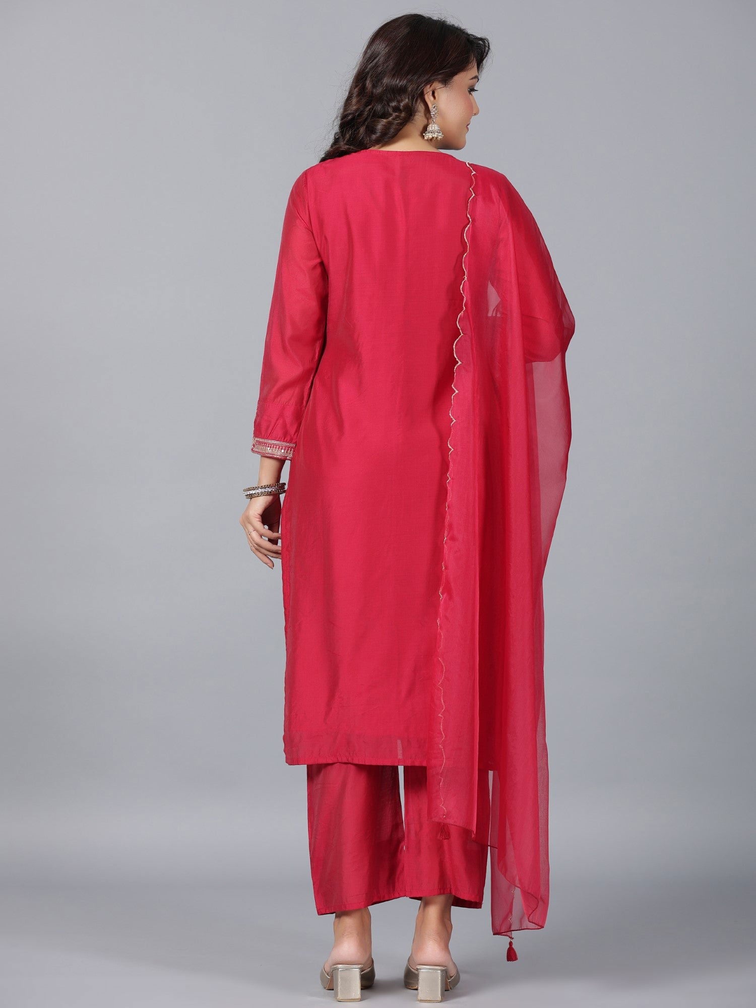 Juniper Red Ethnic Motif Printed Chanderi Embroidered Kurta, Pants & Dupatta Set With Dori Work